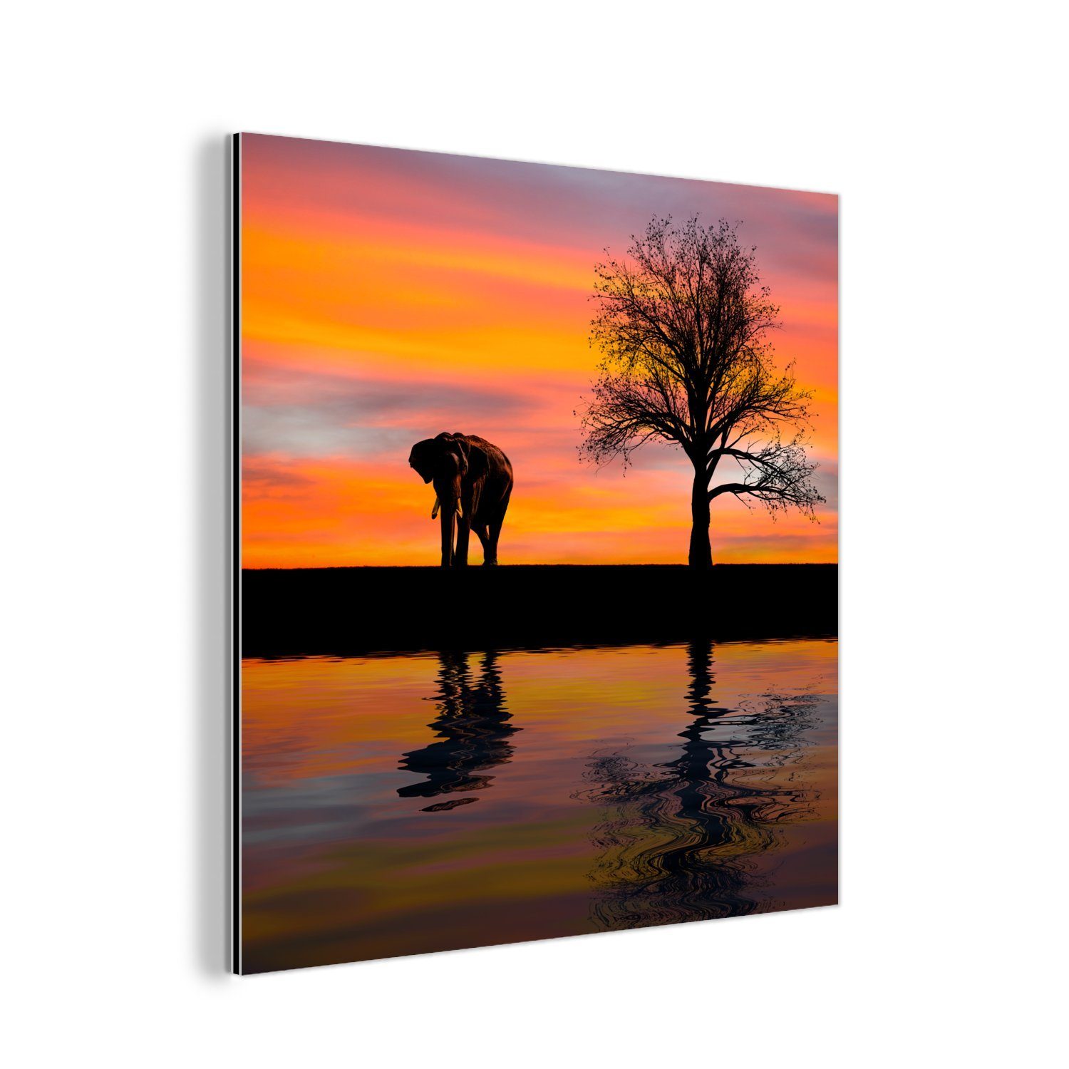 MuchoWow Metallbild Elefant und Sonnenuntergang, (1 St), Alu-Dibond-Druck, Gemälde aus Metall, Aluminium deko