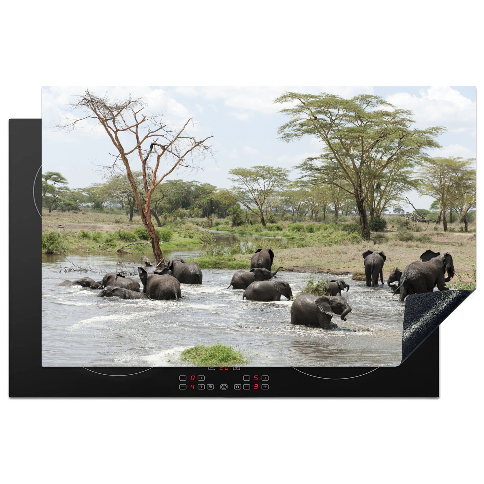 MuchoWow Herdblende-/Abdeckplatte Afrikanische Elefanten im Wasser, Vinyl, (1 tlg), 81x52 cm, Induktionskochfeld Schutz für die küche, Ceranfeldabdeckung