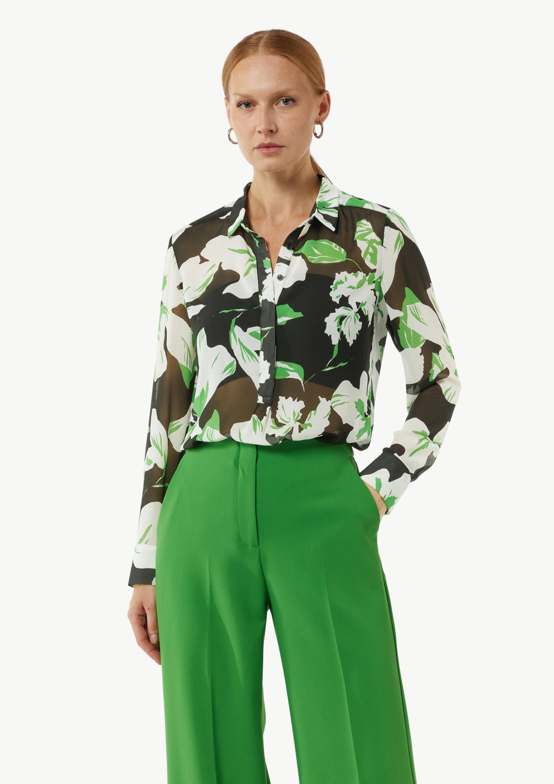 comma Langarmbluse Bluse Gemusterte Longbluse aus Chiffon im Loose Fit