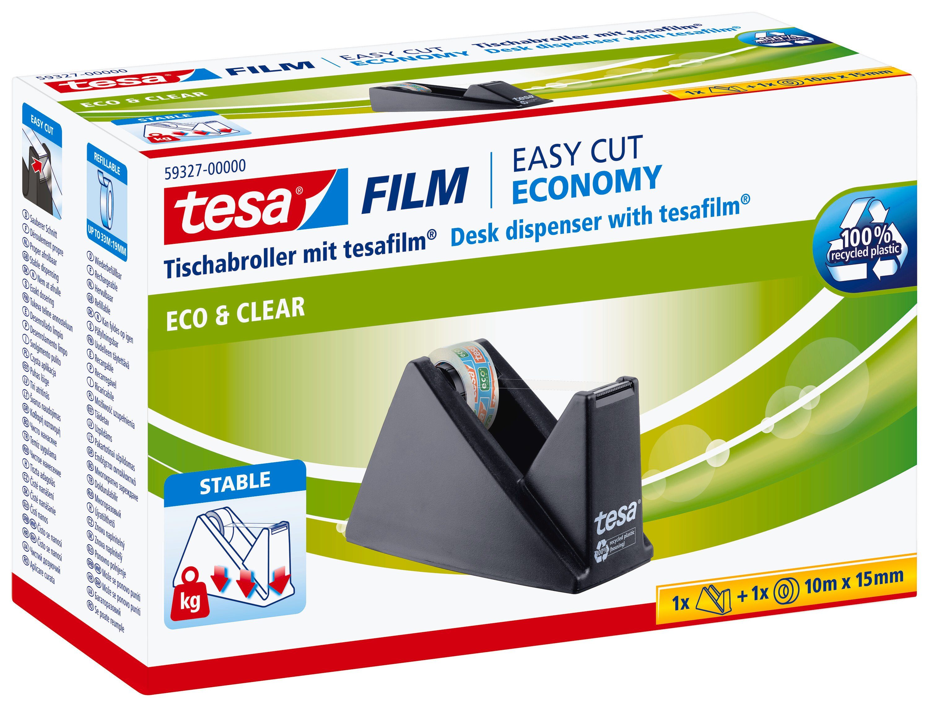 tesa Klebeband EASY CUT Economy Abroller mit tesafilm - 10 m : 15 mm (Kombi-Set) Klebefilmabroller inkl. 1 Rolle eco tesafilm - schwarz