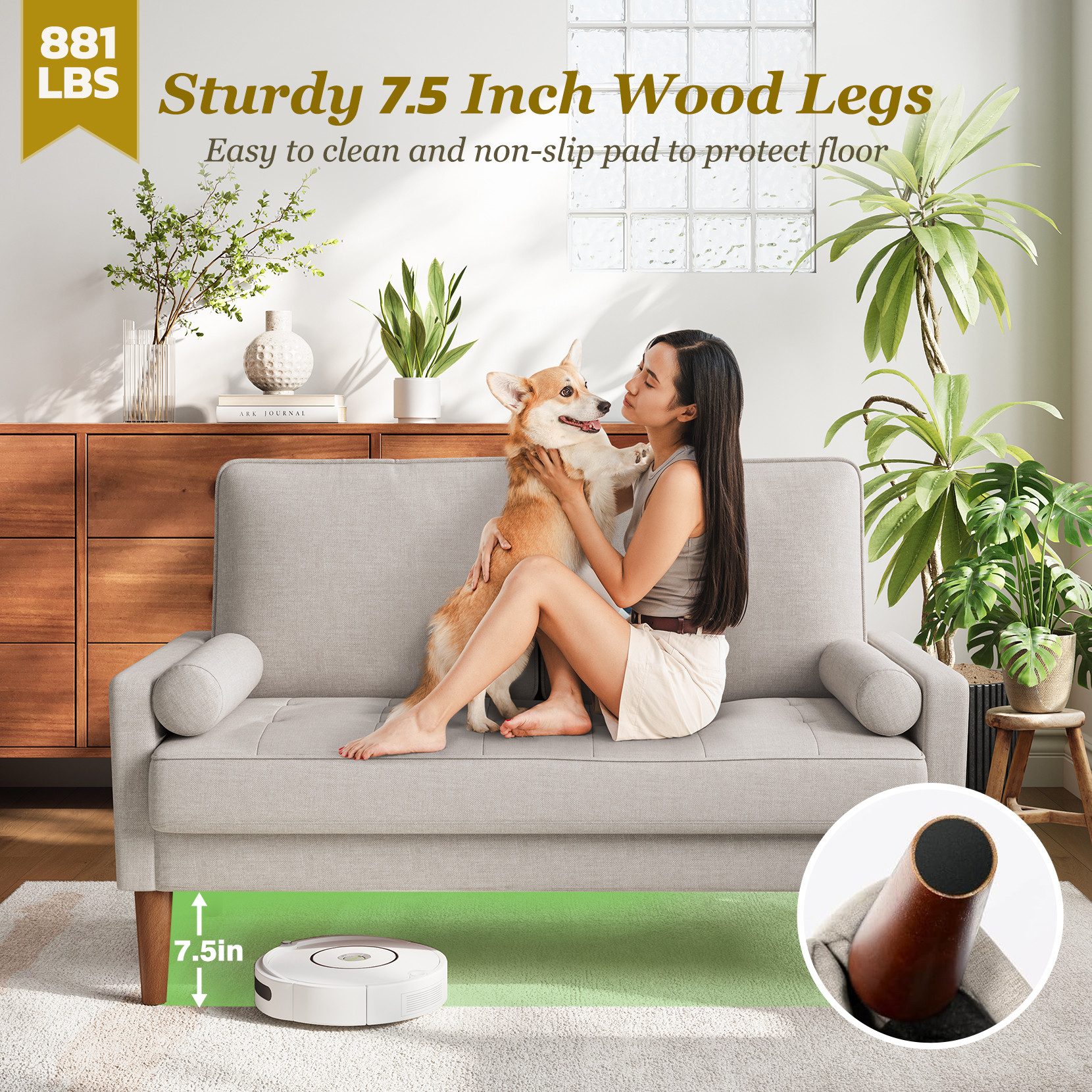 OUNUO Sofa 121cm Kleines Loveseat Sofa Couch aus Samt und Leinen mit 2 Zierkissen – Bild 4 von 5