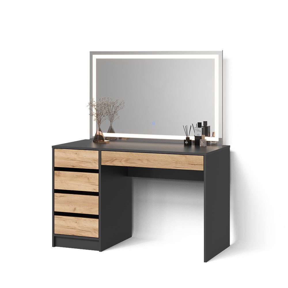 Livinity® Schminktisch Imola, Anthrazit/Goldkraft Eiche, 120 cm mit LED Beleuchtung