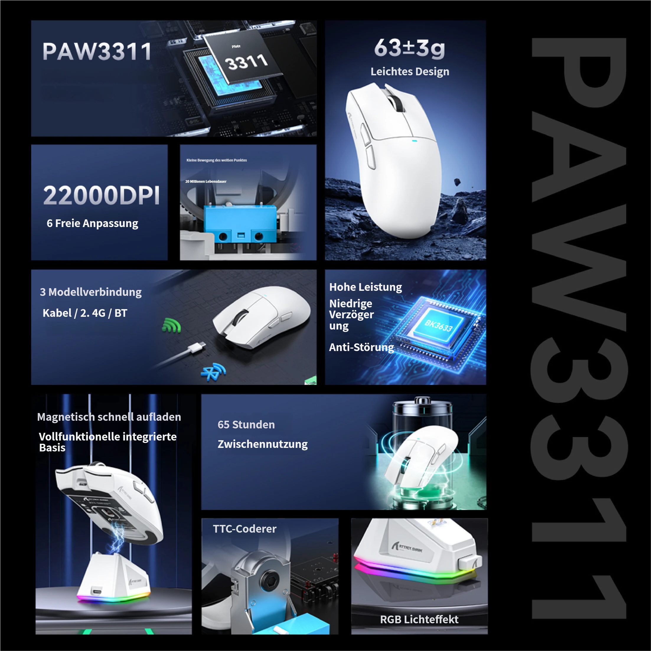 KINSI Tri-Mode Gaming Maus mit Ladestation,Kabellose Maus Maus (Bluetooth, 1000 dpi, 22000 DPI,1000Hz,65h Akku,Ergonomisch)