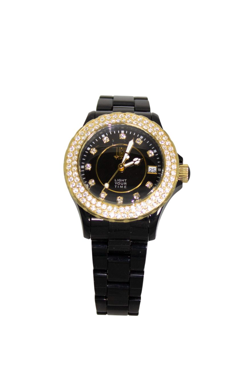 Light Time Quarzuhr Armbanduhr Damen Kunststoff Datum Schwarz Gold Zirkonia L073C