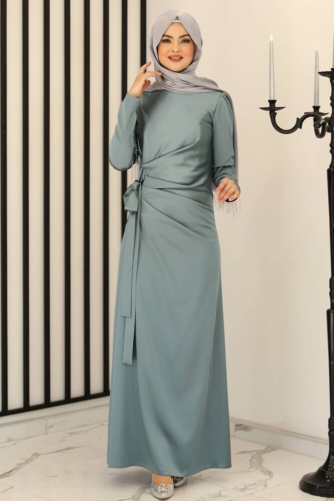 Satinkleid Damen Hijab Abendkleid langärmliges Maxikleid Abiye Abaya (HÜLYA)