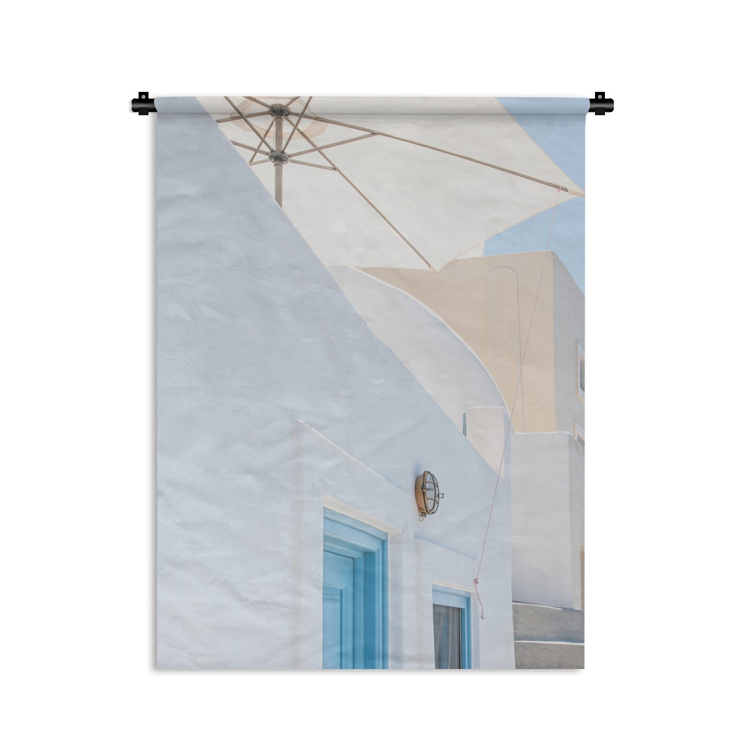 MuchoWow Wanddekoobjekt Architektur - Sonnenschirm - Tür - Weiß - Blau, Deko für an der Wand, Wohnzimmer, Tapisserie, Schlafzimmer | Wandobjekte
