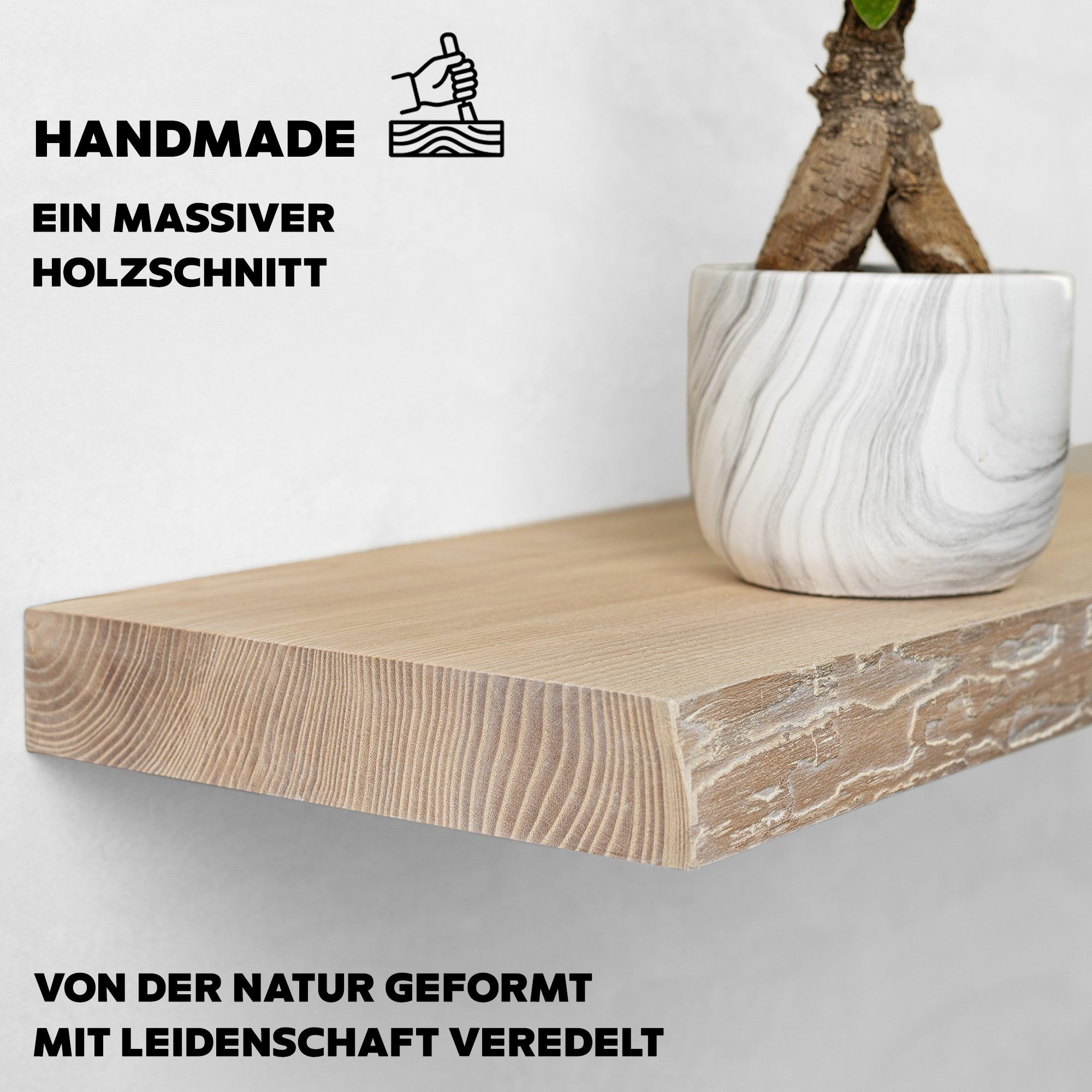 tømmermann Wandregal Schweberegal Holzregal mit Baumkante - Hängeregal aus Massivholz, Komplett-Set