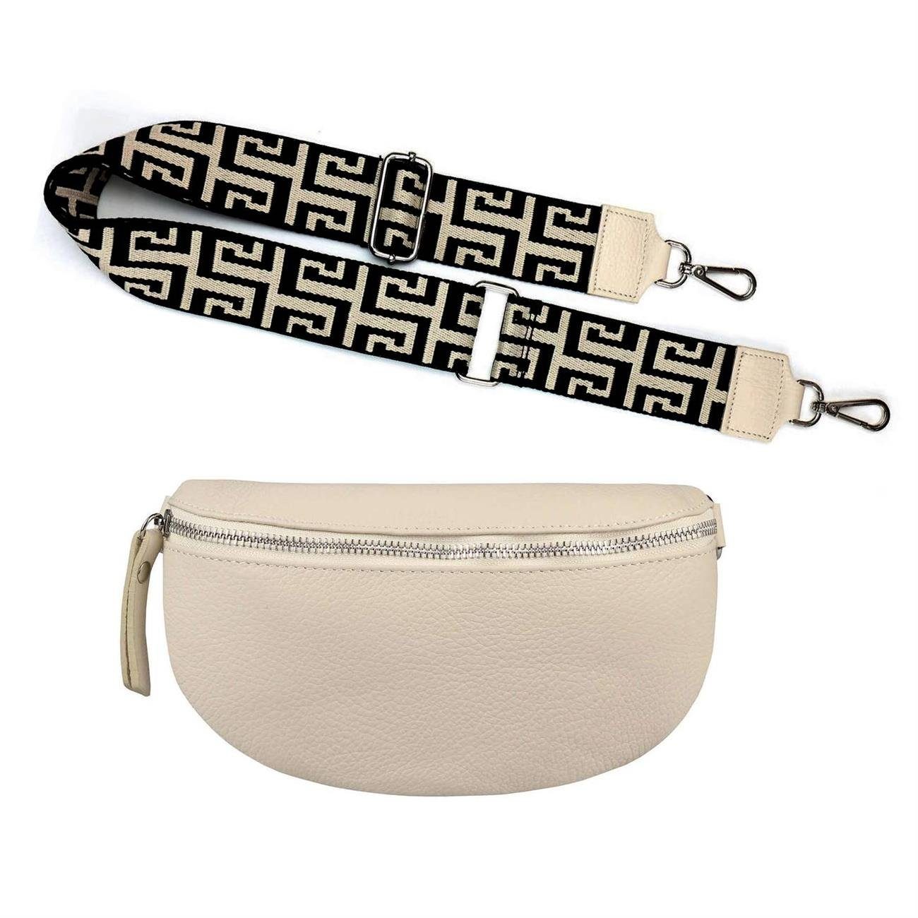 ITALYSHOP24 Bauchtasche Made in Italy Damen Leder Gürteltasche Hüfttasche Brusttasche Bodybag (Spar-Set aus einer Tasche mit dem Ledergurt und einem breitem Stoffgurt/Umhängeband, Crossbody Bag mit zusätzlichen Riemen), 1 Tasche & 2 Gurte, Schultertasche, Umhängetasche mit 2 Schulterriemen