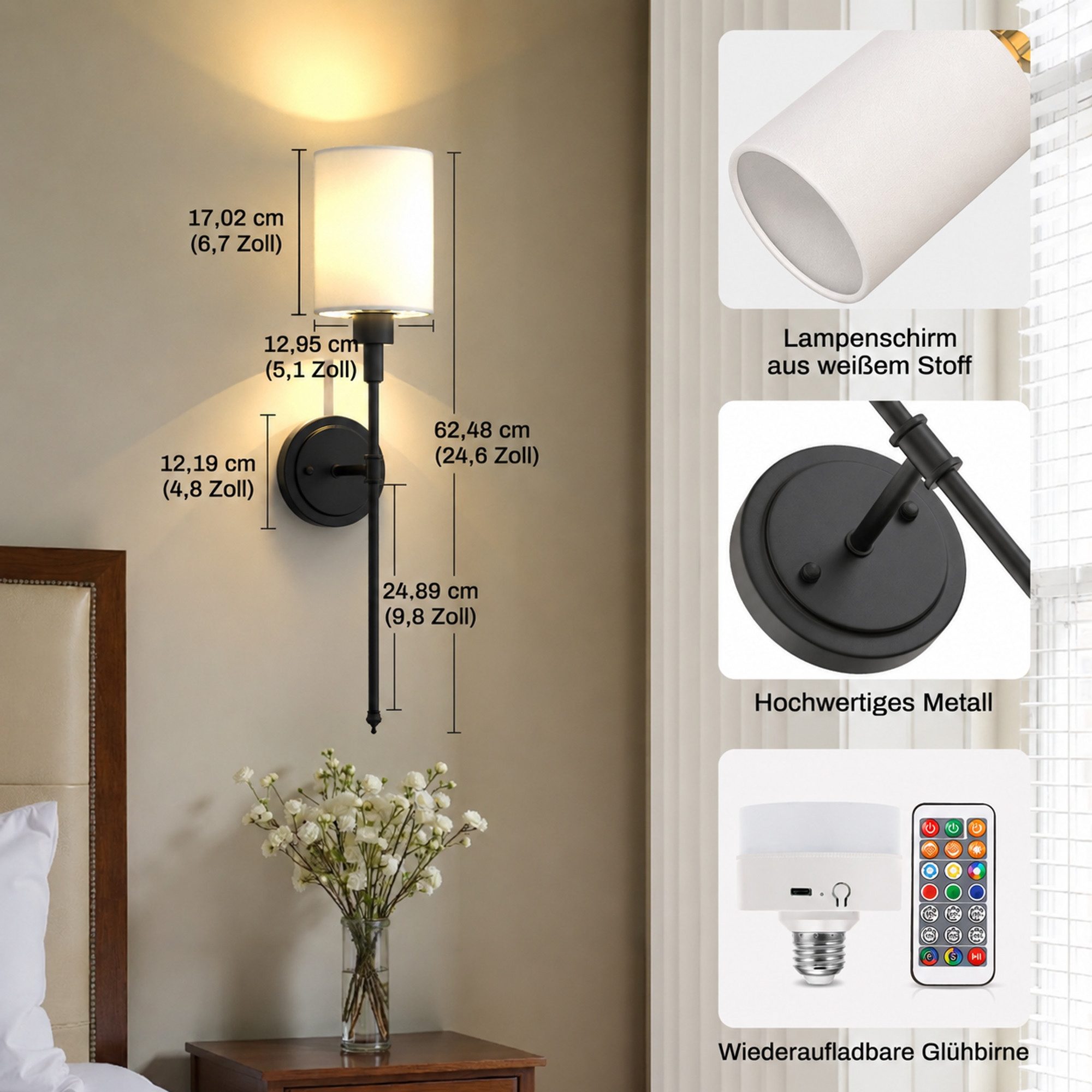 LOHAS-LED Wandleuchte 2er-Set Kabellose Stoff-Wandleuchten mit Akku, 3600 mAh, LED wechselbar, warmweiß bis kaltweiß + bunte Farben, RGBCW dimmbar, IR-Fernbedienung, E26 Sockel