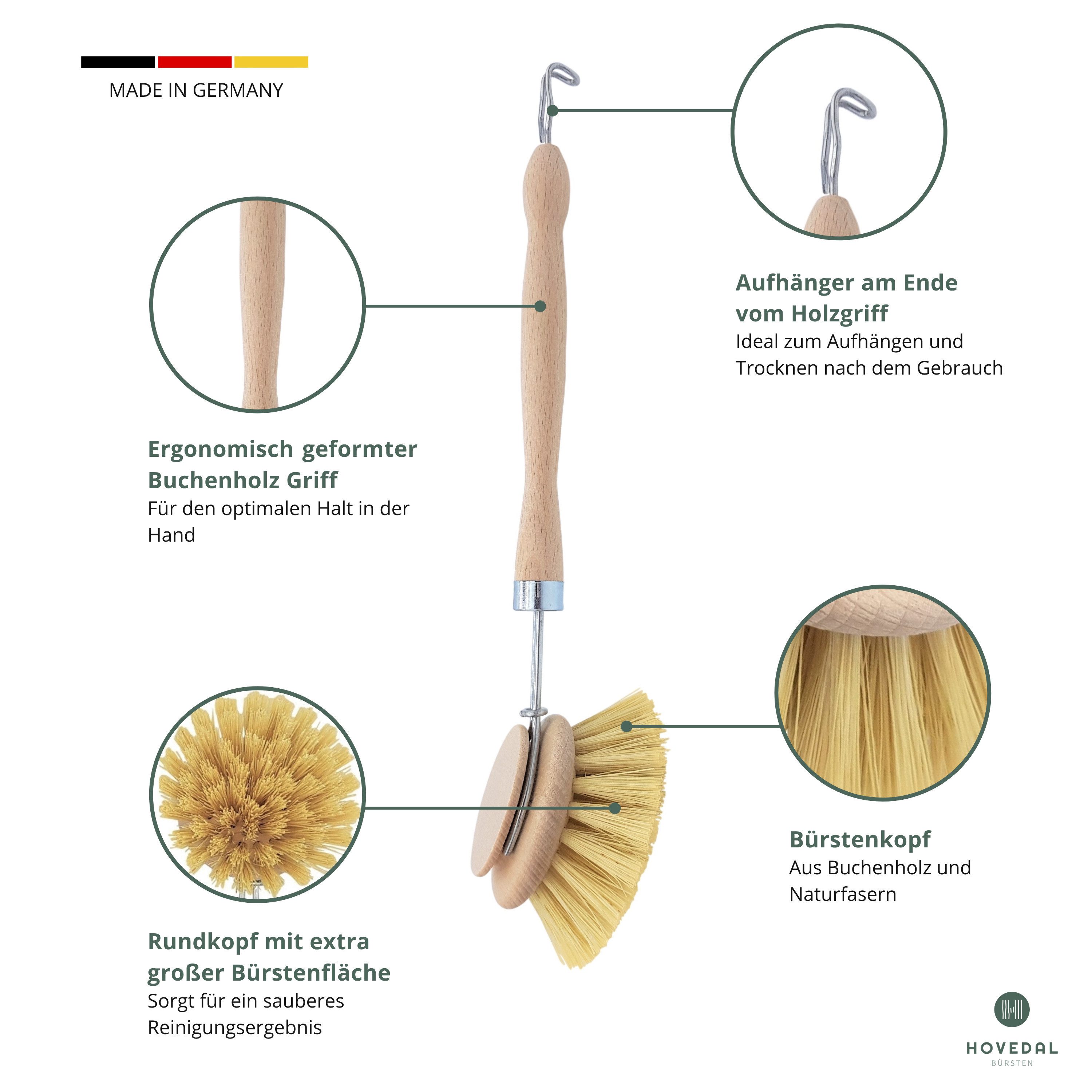 Hovedal Reinigungsbürste Spülbürste Holz, Spülbürsten aus Holz mit Naturborsten aus Fibre, Holzspülbürste mit Wechselkopf, Ersatzkopf Natur, Bürsten für Küche – Bild 2 von 5