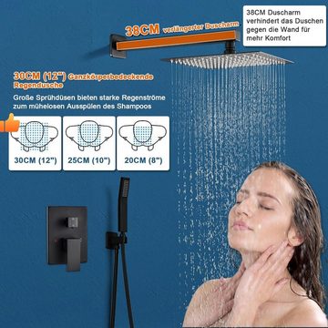 ROVOGO Duschsystem Unterputz Duscharmatur Schwarz Set 30x30CM Duschkopf Eckig, Höhe 150 cm, 2 Strahlart(en), mit Handbrause aus Metall, Duschsystem Regendusche mit Armatur