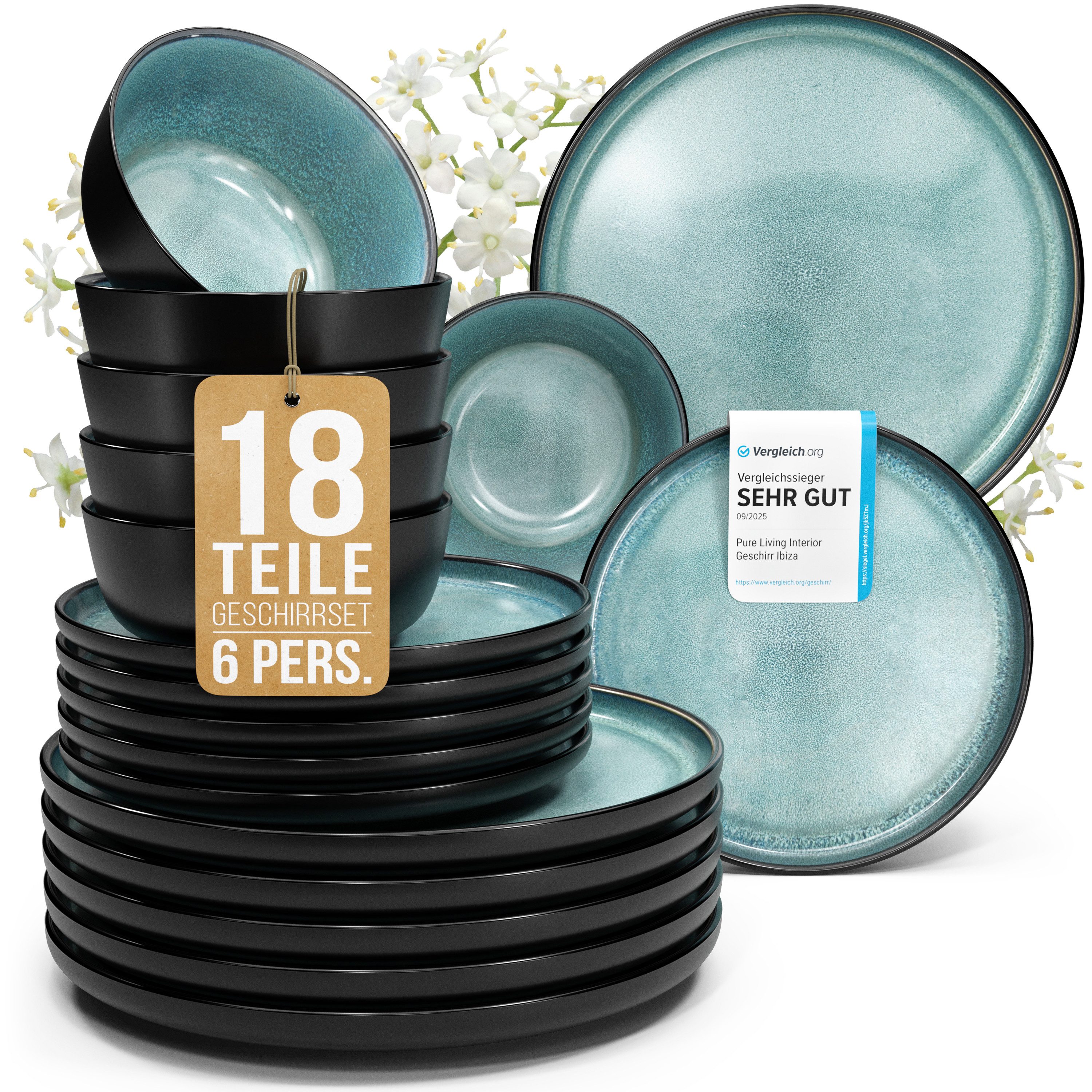 PURE LIVING INTERIOR DESIGN Geschirr-Set Ibiza aus Steingut, 18-tlg., für 6 Personen, Petrol (18-tlg), 6 Personen, Steingut