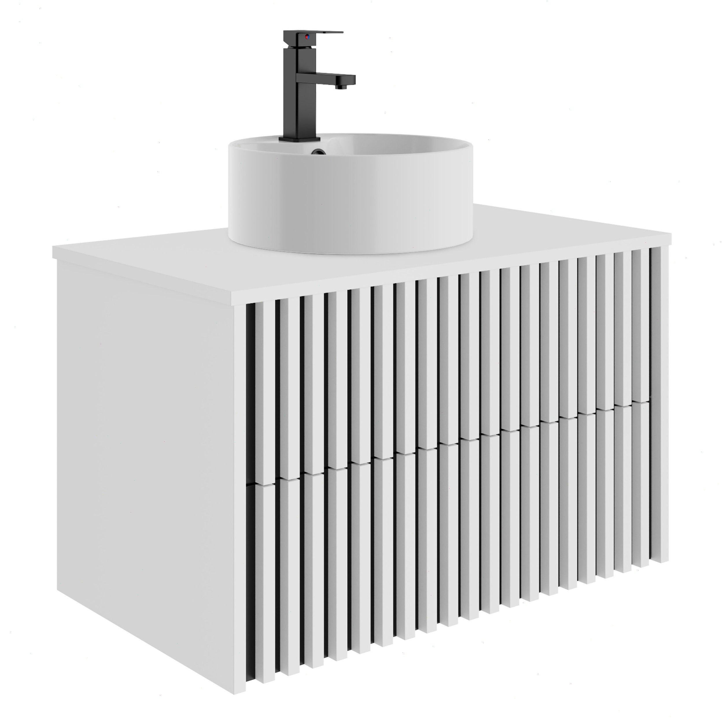 UEV Waschtisch mit Unterschrank hängend Rundes Keramikwaschbecken (Komplett-Set Badmöbel, Badezimmmer Schrank, mit Wasserhahn und Pop-up-Ablassventil Aufsatz-Waschbecken), Soft-close Schubladen,Waschbeckenunterschrank mit 2 Schubladen