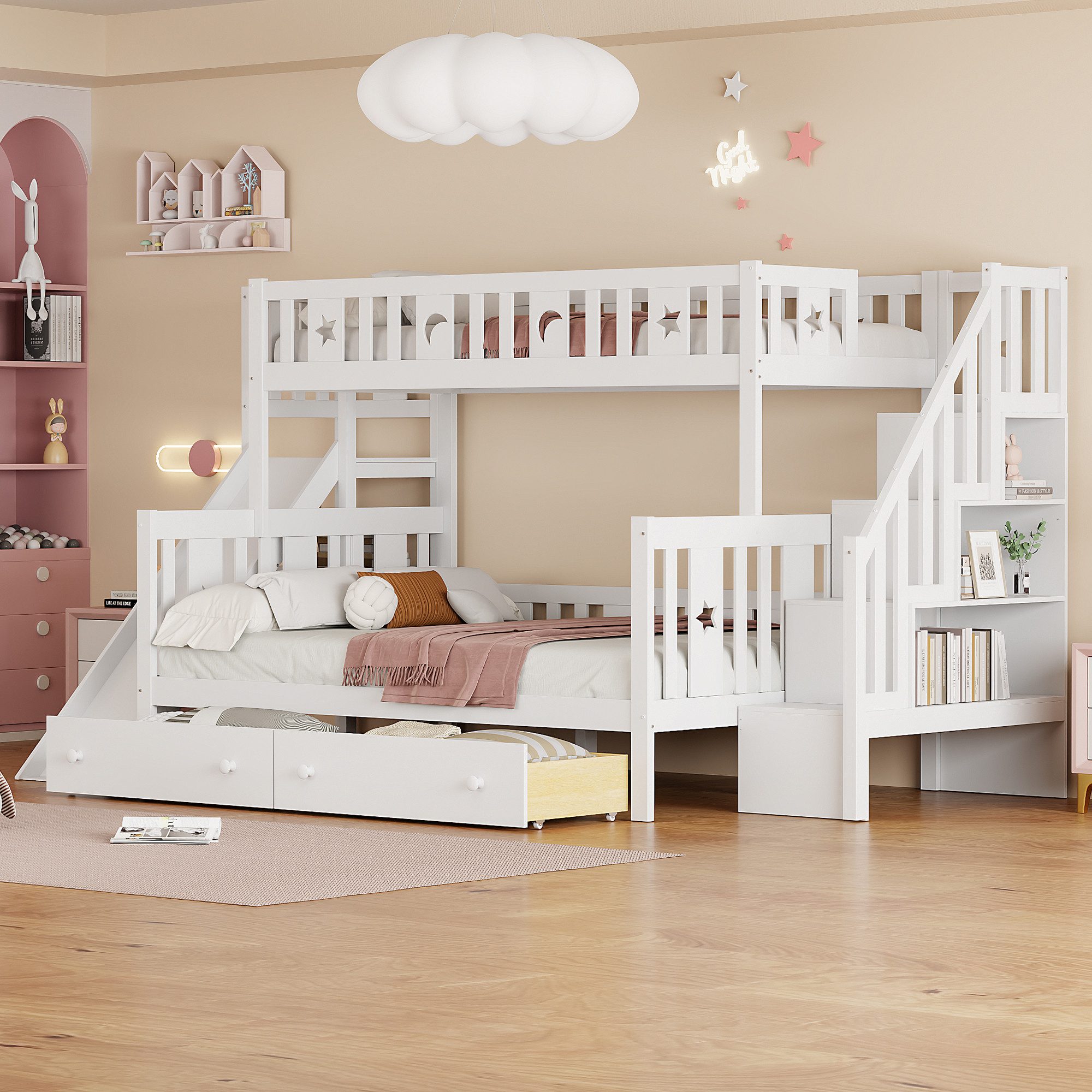 OKWISH Etagenbett Kinderbett mit Sicherheitstreppe, 2 großen Schubladen und Lattenrost (90*200/140*200cm), ohne Matratze