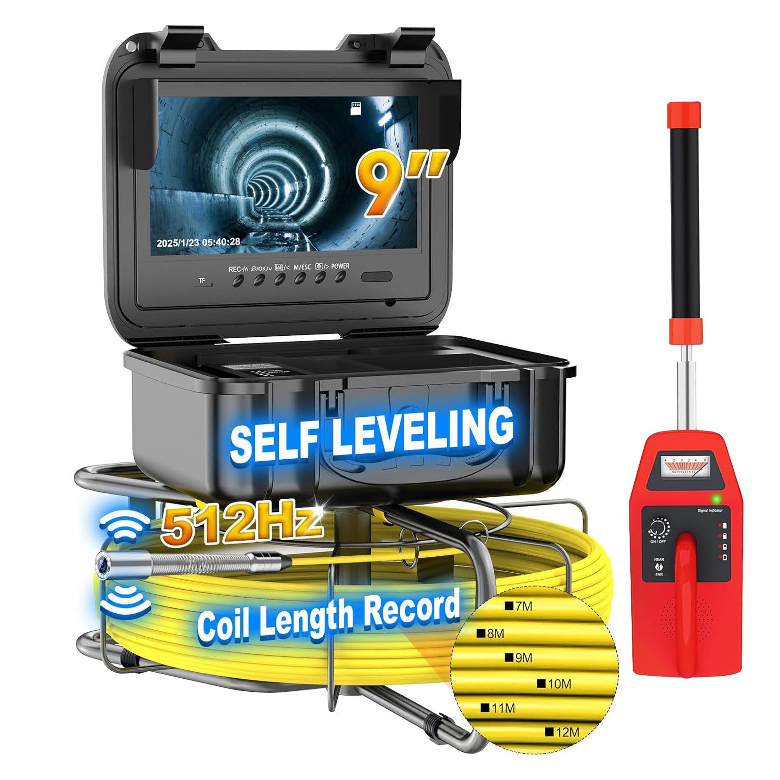 ANYSUN 9DX23 Rohrkamera mit 512Hz Ortungsgerät Kanalkamera 30M mit Sender Inspektionskamera (Kanalinspektionskamera mit Selbstnivellierend und Meterzähler, DVR, Audioaufnahme, HD 9" Rohr Kamera, 12 Licht Wasserdicht)