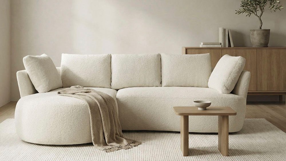 DOMO collection Ecksofa Lumin, B/T: 267/170 cm, abgerunde Form, charmantes Design, cozy chic, Mit Federkern und 5 Rückenkissen ausgestattet