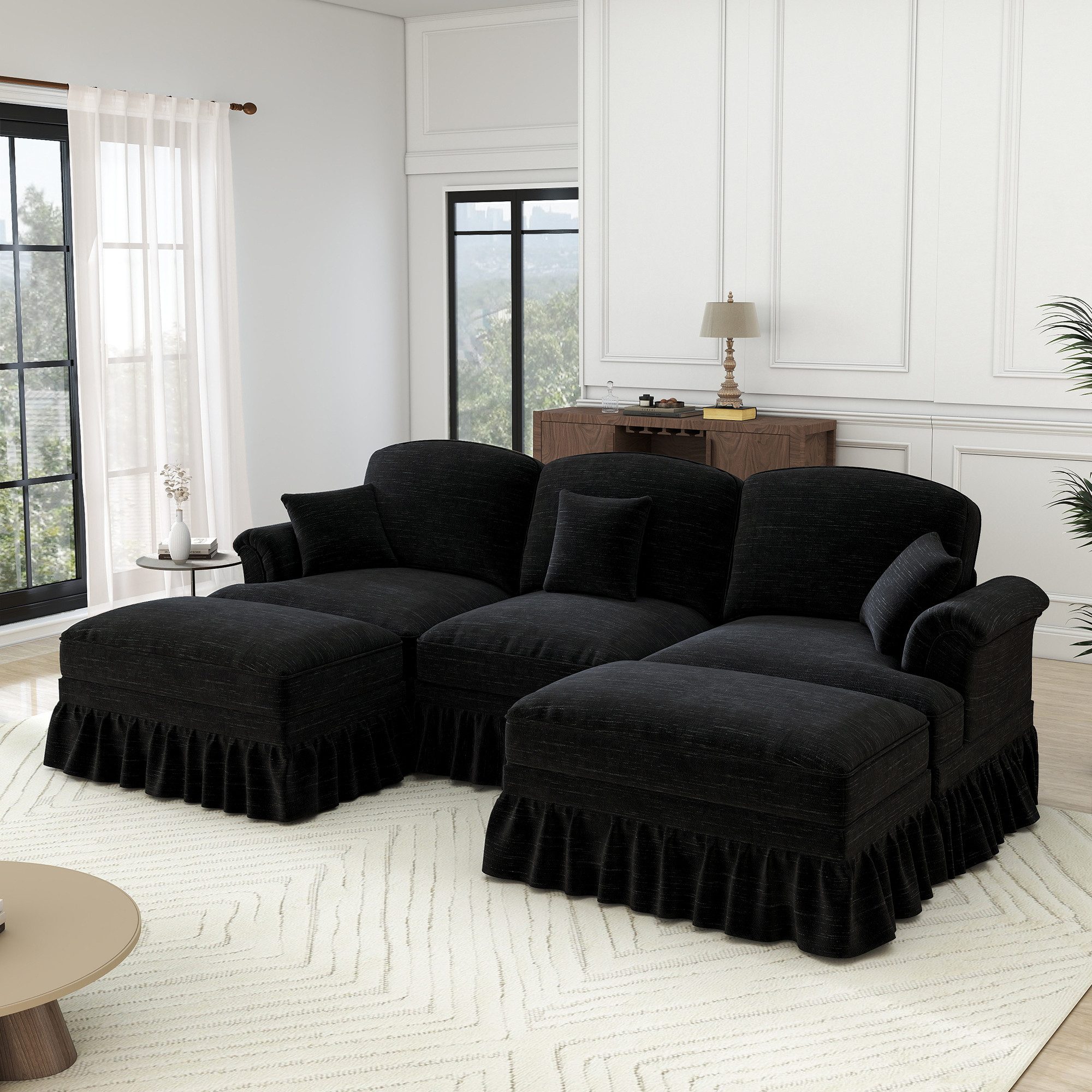 Odikalo Big-Sofa Ecksofa mit Schlaffunktion und Volant, Elegantes Mid-Century 2-3-4-5-Sitzer Sofa aus Chenille mit Trichter-Armlehnen, abnehmbarer Rüschenschürze & spindelförmigen Beinen – Komfortables Sofa fürs Wohnzimmer, Mehrfarbig