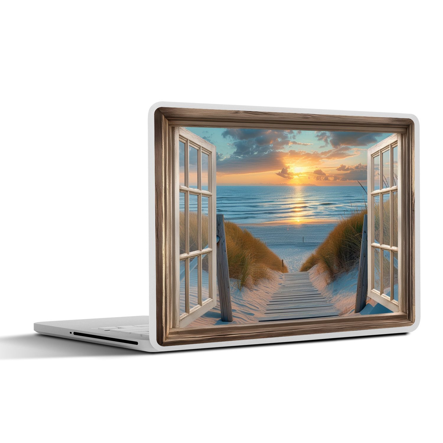 MuchoWow Laptop-Aufkleber Durchblick - Strand - Weg - Sonnenuntergang, (1tlg), Laptop Folien Cover, Aufkleber, Sticker, Schutz vor Kratzern, 25x18 cm