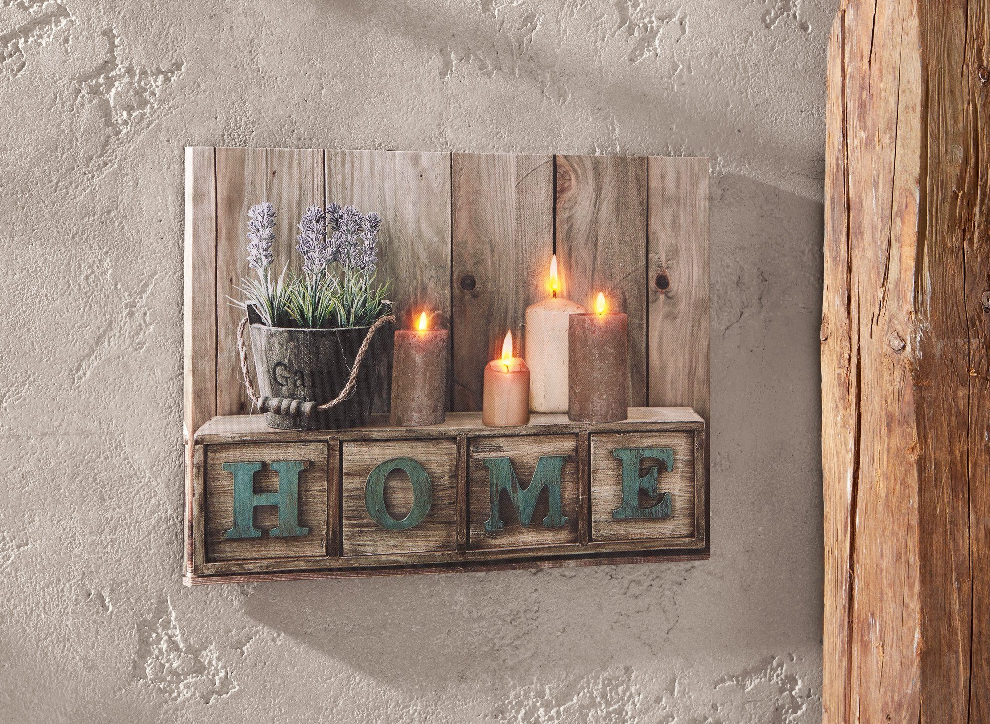 Dekoleidenschaft LED-Bild Beleuchtung, flackernde Kerzen, 40x30 Leuchtdeko "Home" Wandbild, Kerzen, Leinwandbild cm, mit Leuchtbild, Wanddeko,