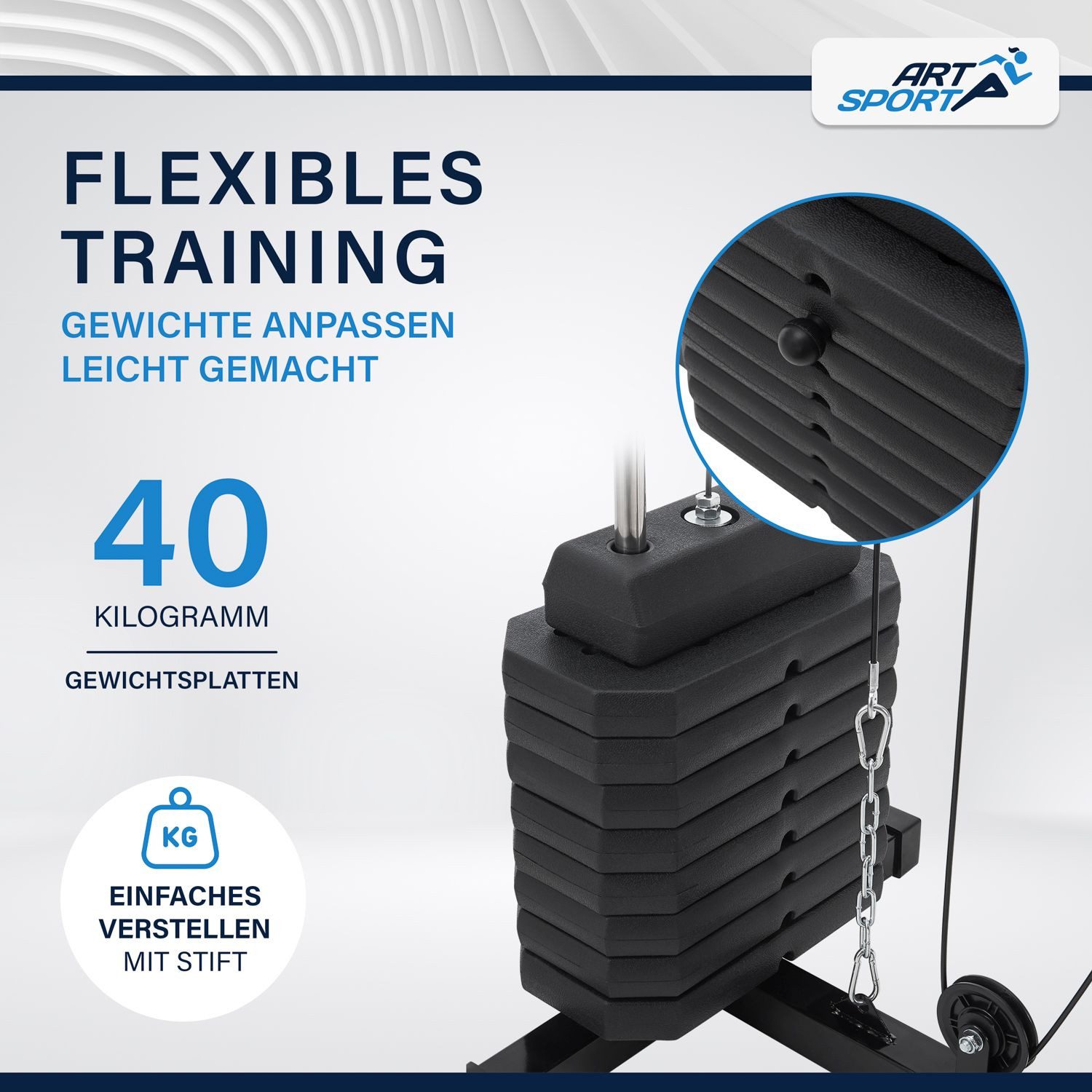 ArtSport Kraftstation ProfiGym 2000, 9 Gewichtsblöcke, insgesamt 40 kg, Butterflystange, Latzug, Bizepsseilzug und mehr