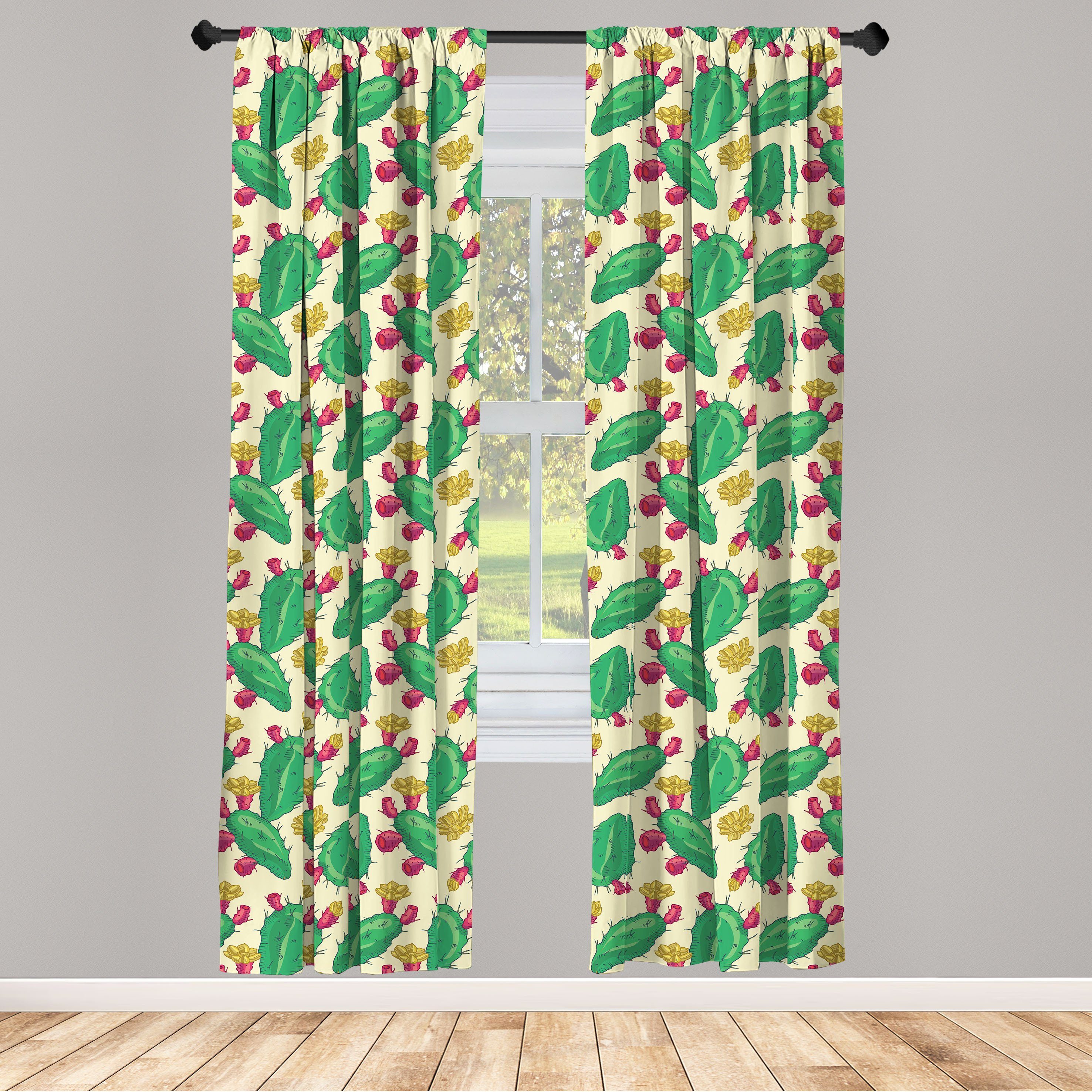 Gardine Vorhang für Wohnzimmer Schlafzimmer Dekor, Abakuhaus, Microfaser, Saftig Wüsten-Kaktus und Blumen
