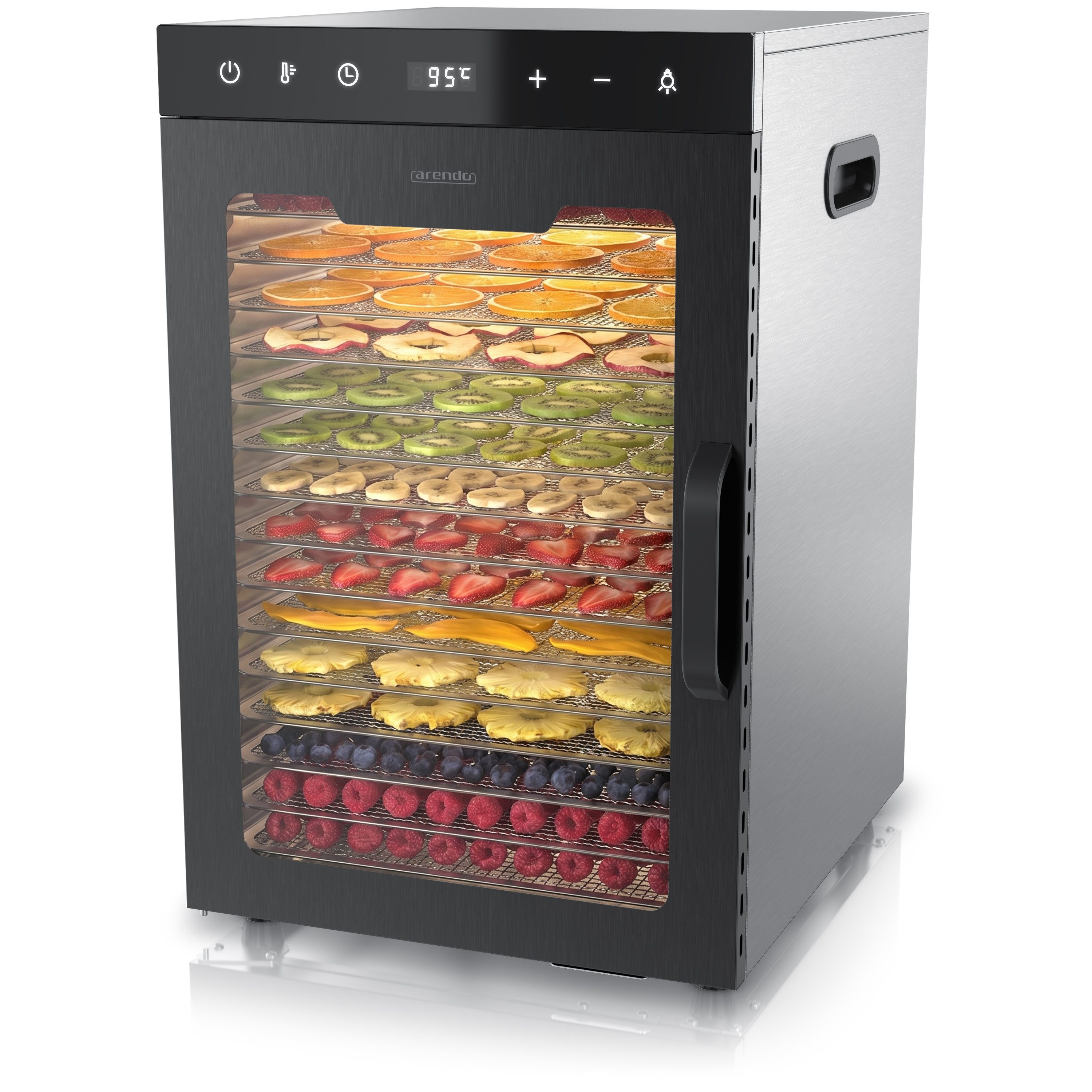 Arendo Dörrautomat Edelstahl, 16 Fächer, Temperaturregler 30°-90°C, Dörrgerät, Dehydrator 1000 W, 16 Etagen, Obst, Fisch, Fleisch Dörrapparat, Obsttrockner, Timer 0,5-24 Stunden