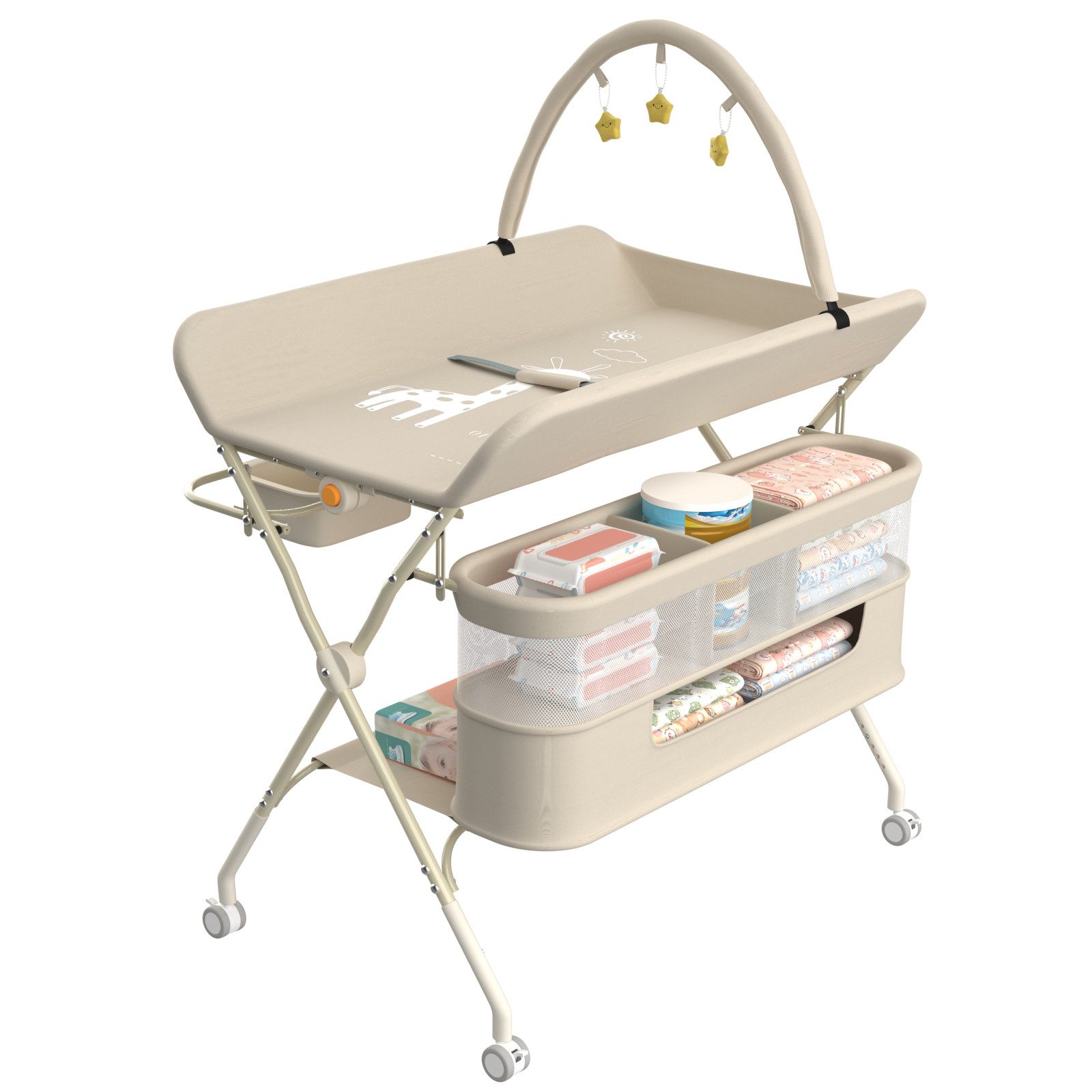 JEOBEST Wickeltisch Mobiler Baby Wickelkombi, 3 in 1 Wickeltisch Klappbar, (1-tlg) mit Sicherheitsgurt Aufbewahrungskorb und Kleiderstange