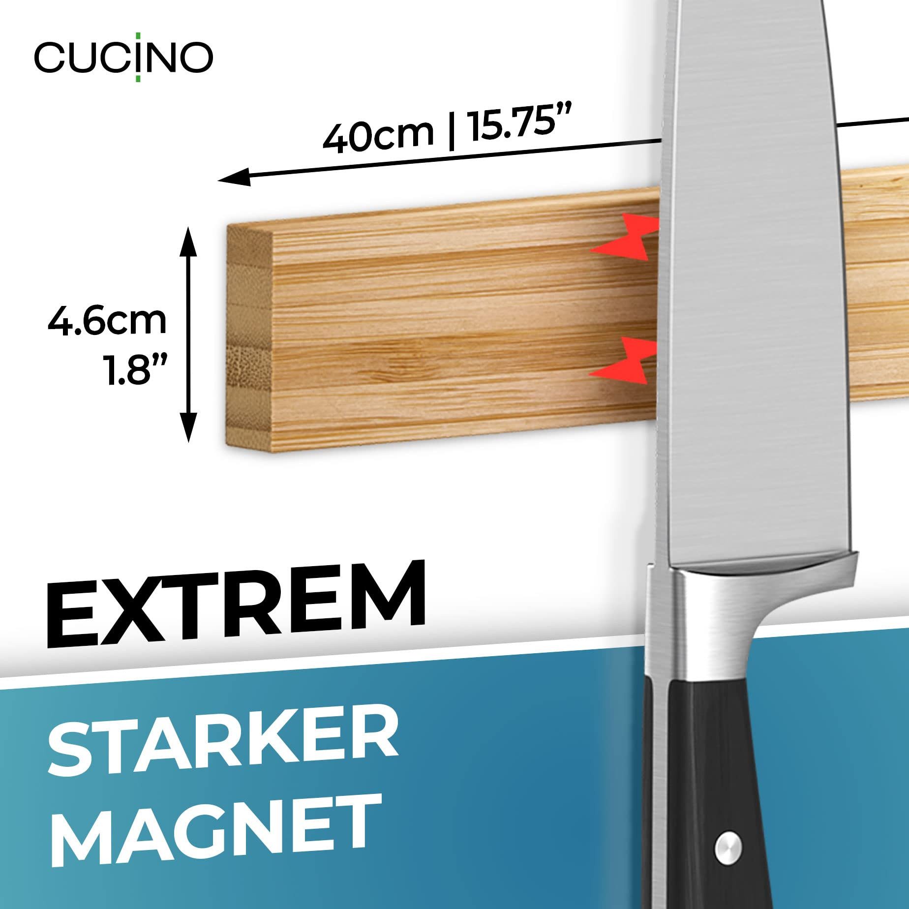 CUCINO Messerleiste mit extra starkem Magnet, Messer Magnetleiste selbstklebend, Einfache Montage mit 3M Klebeband ohne Bohren
