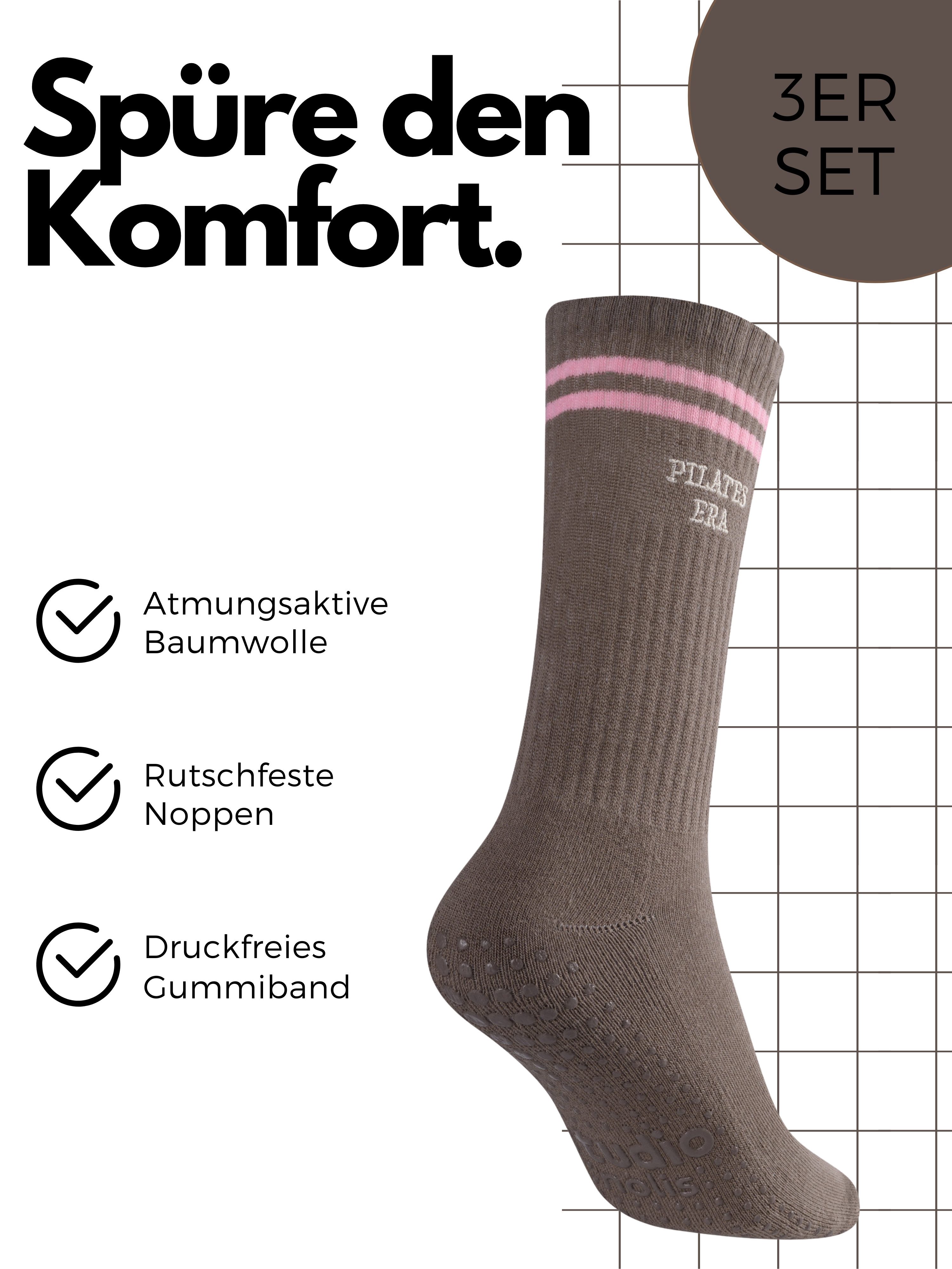Studio Nolis Tennissocken Pilates Socken Grip - Stoppersocken - Yoga Gym Reformer (Set, 3-Paar) mit Noppen