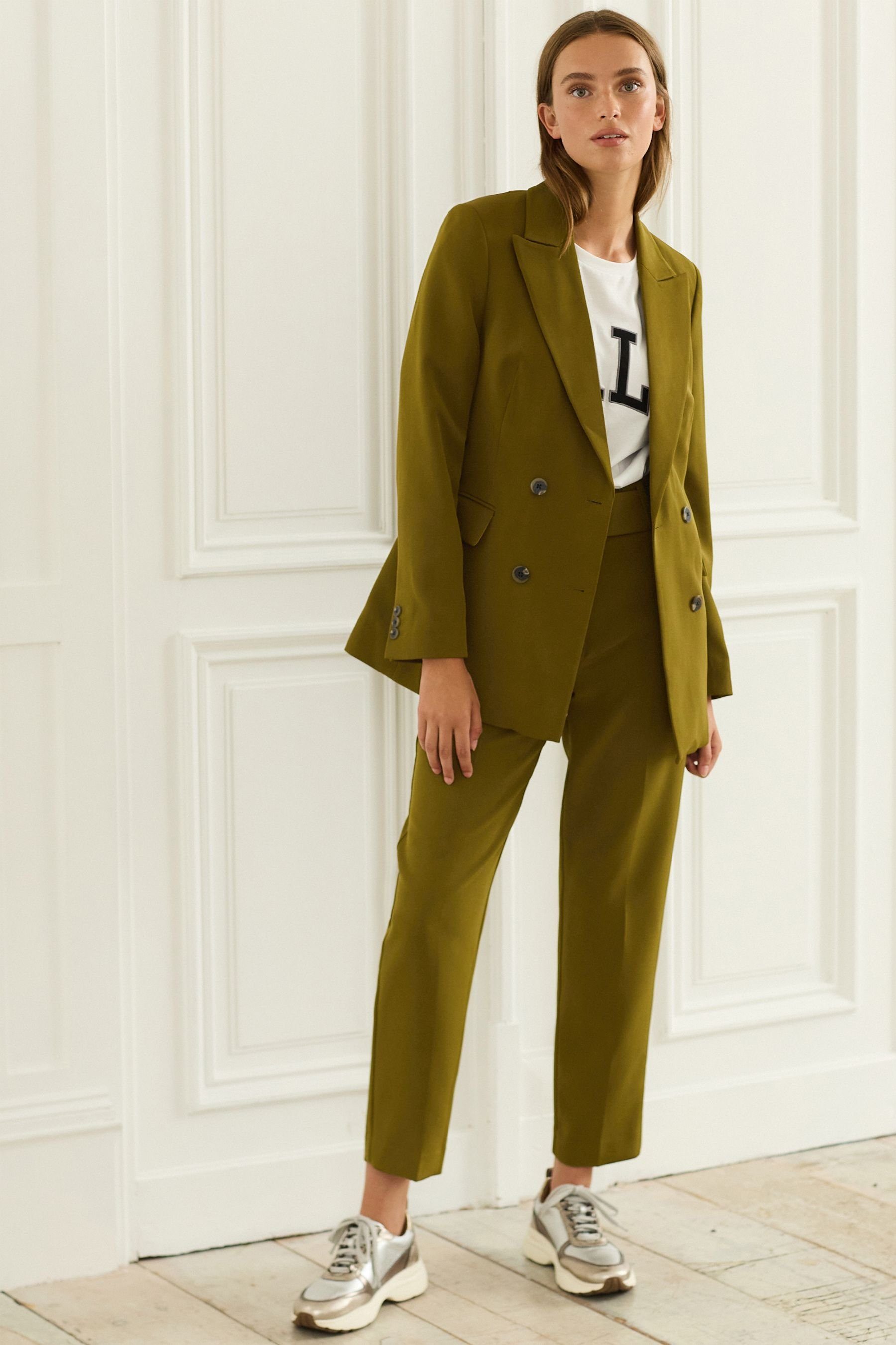 taillierter Green aus Jackenblazer Olive Blazer Zweireihiger (1-tlg) Next Crêpe