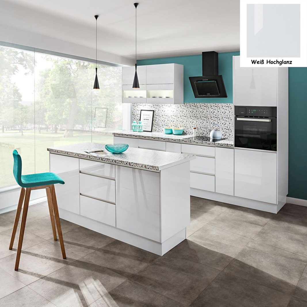 Möbel für Dich Кухниzeile Grifflose Hochglanz Küche mit Insel Campari 300 cm + Insel 180 cm, (13 - teilig), Fronten Hochglanz oder Matt in Weiß, Grau oder Schwarz