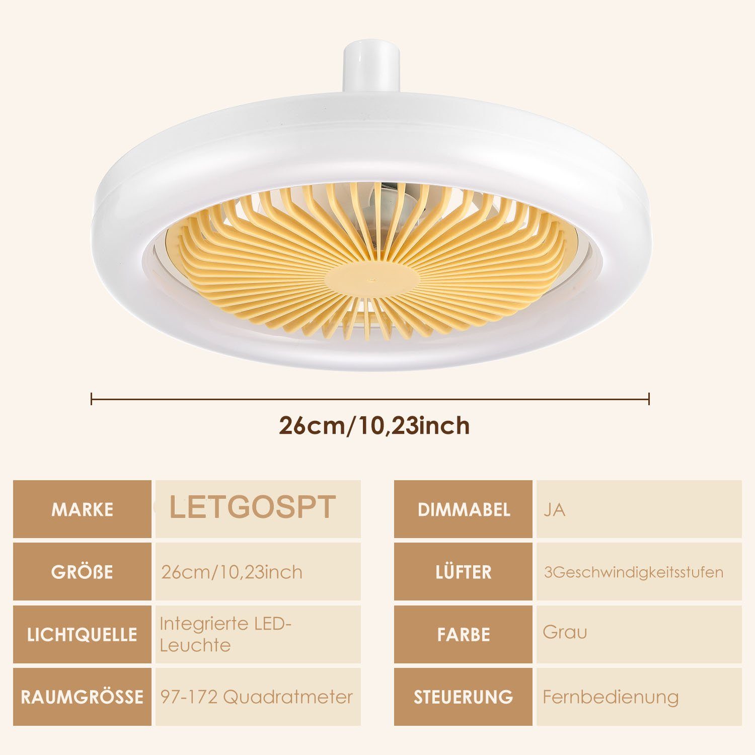 E27 LED LED Deckenventilator, Lampe Fernbedienung Deckenleuchte Stufen Ventilator Lüfter, Decken 3 Deckenventilator Kaltweiß+Naturweiß+Warmweiß 30W LETGOSPT Tageslicht Leuchte