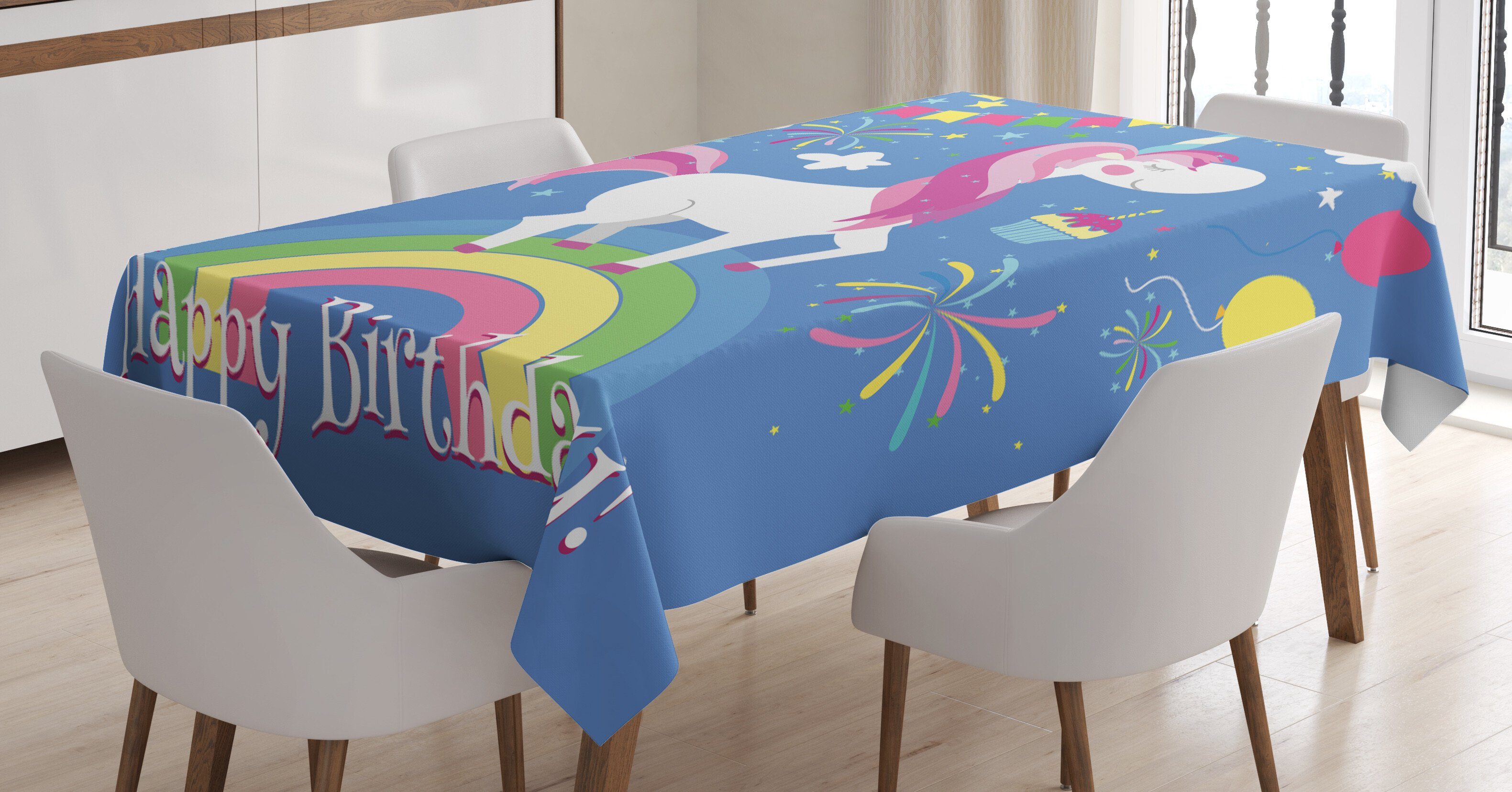 Abakuhaus Tischdecke Farbfest Waschbar Für den Außen Bereich geeignet Klare Farben, Unicorn-Party Geburtstags-Cartoon
