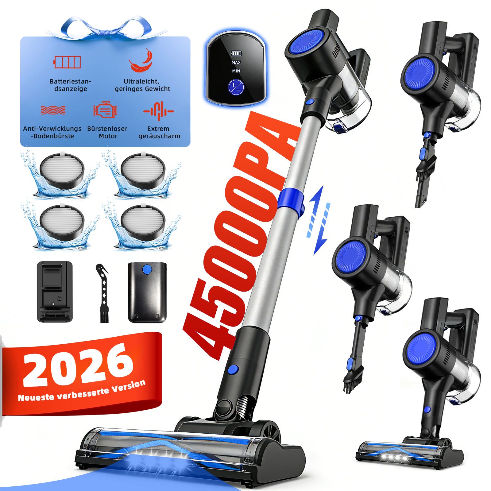 Grenintol Akku-Hand-und Stielstaubsauger Akku Staubsauger,akkustaubsauger,Leichtgewicht staubsauger kabellos, beutellos, Kabellos nutzbar,LED-Anzeige,Wandhalterung für platzsparende Lagerung