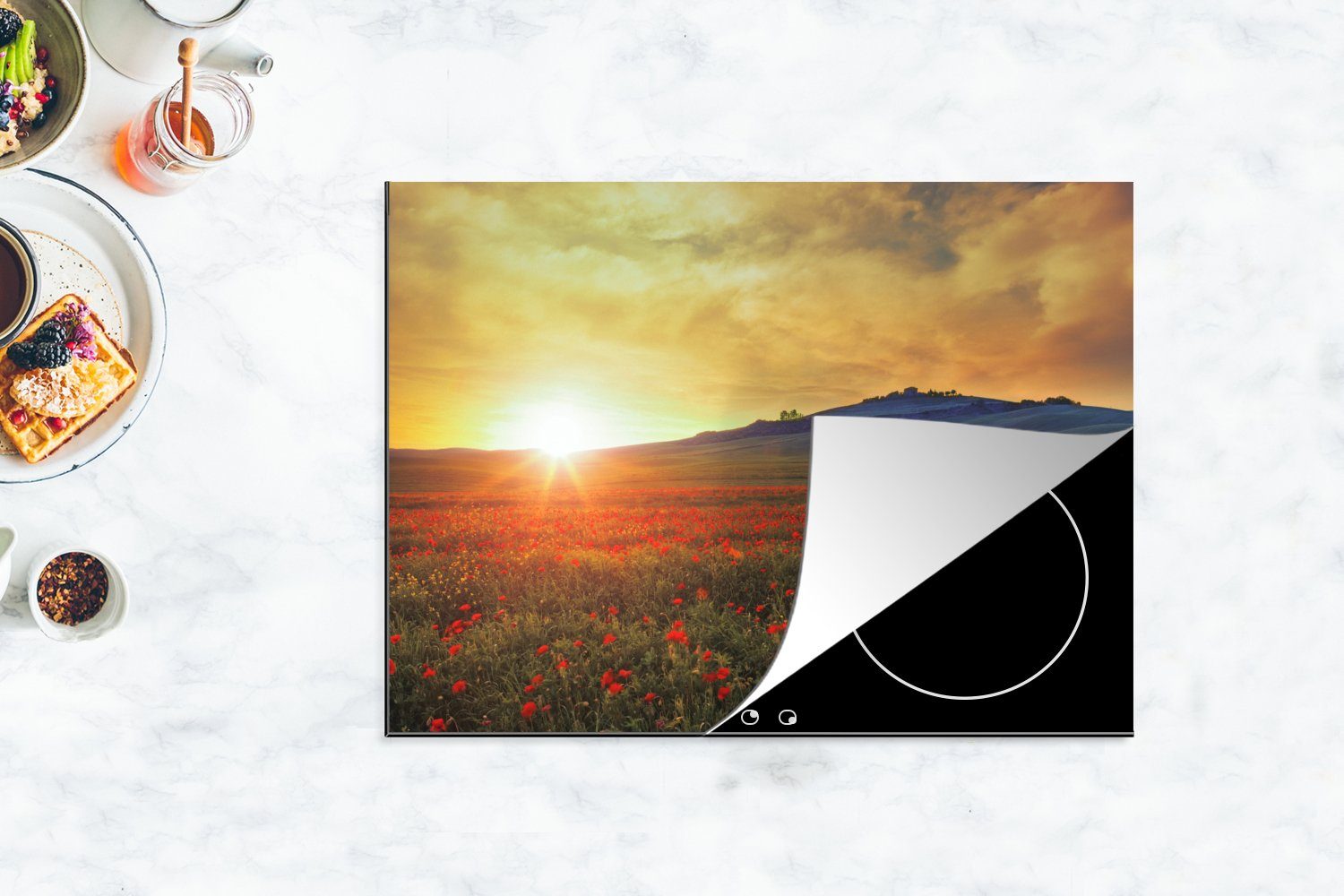 MuchoWow Herdblende-/Abdeckplatte Italien - Sonnenuntergang - Ceranfeldabdeckung Mobile (1 70x52 nutzbar, Arbeitsfläche Mohnblume, Vinyl, tlg), cm