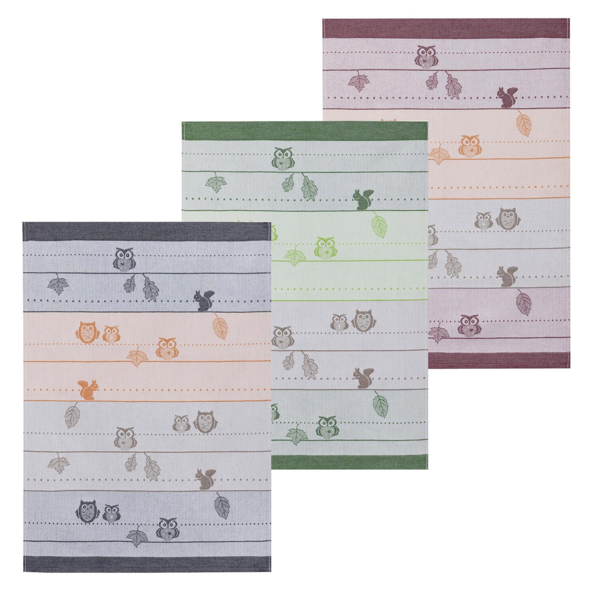 Kracht Geschirrtuch Eulen, (Set, 3-tlg., Set), 3er Pack Geschirrtücher (3 Stück), ca. 50 x 70 cm, Baumwolle Jacquard