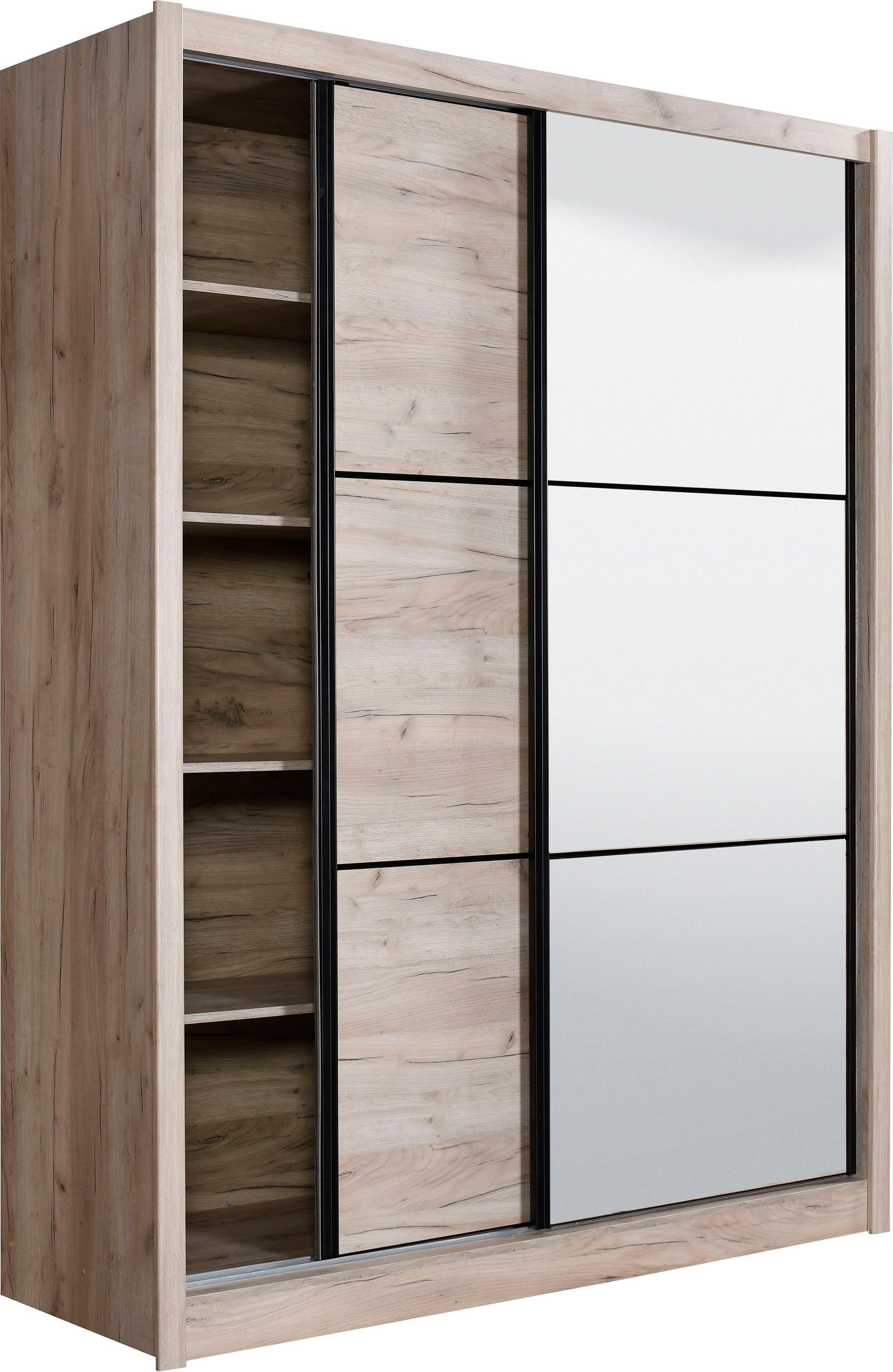 INOSIGN Schwebetürenschrank Navara mit Spiegel Dekor Einlegeböden Dekor Eiche zusätzlichen und grau grau | Eiche