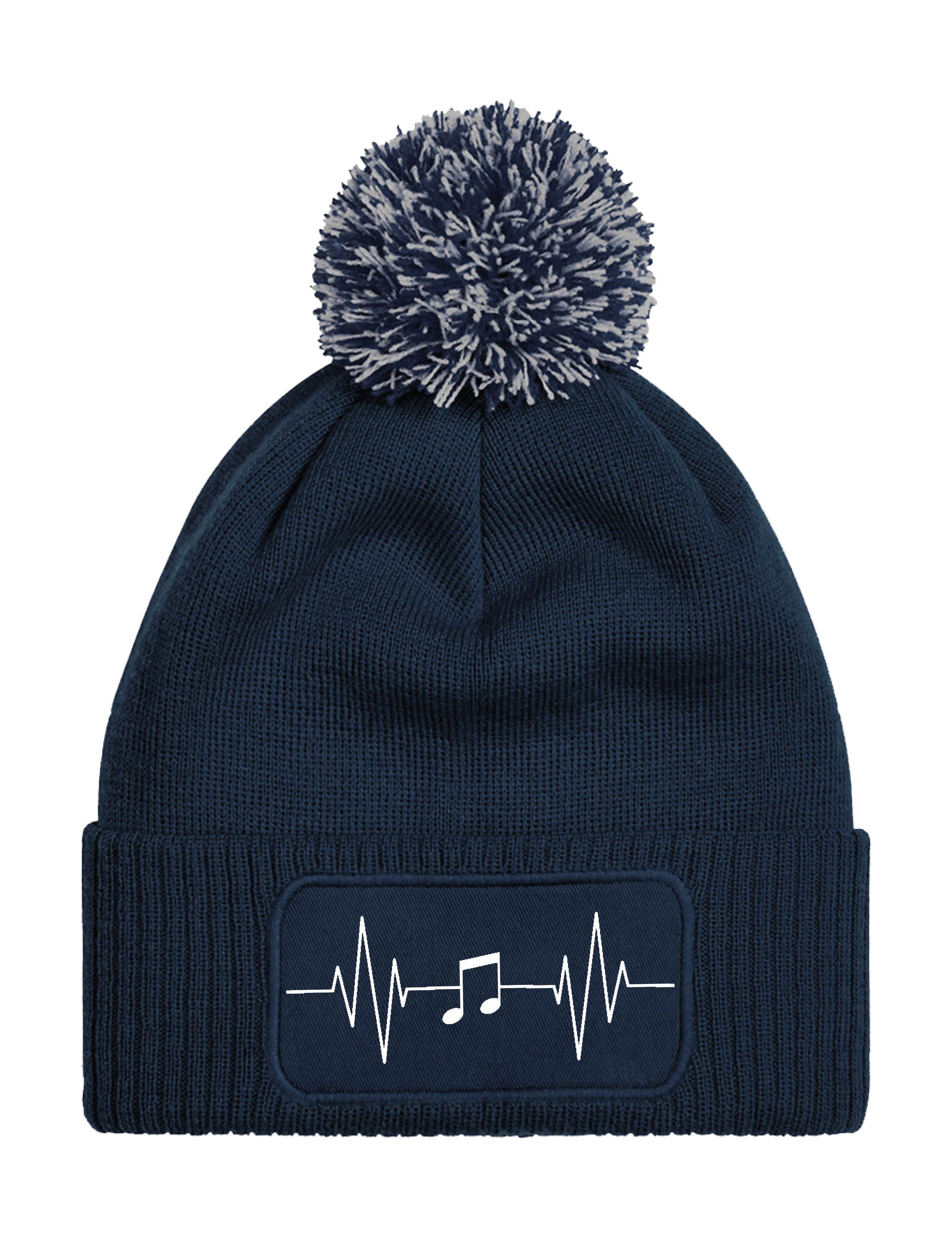 Beanie Unisex Strick Bommel Beanie Mütze mit Heartbeat Musik Aufdruck