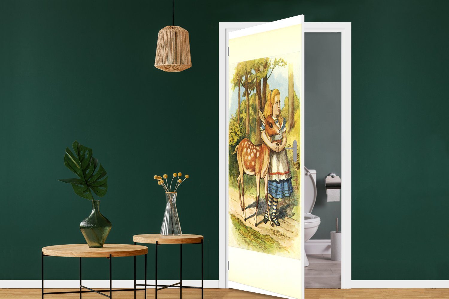 MuchoWow Türtapete Vintage-Illustration Alice 75x205 mit Tür, (1 Türaufkleber, Fototapete bedruckt, Hirschen, für Matt, St), den cm