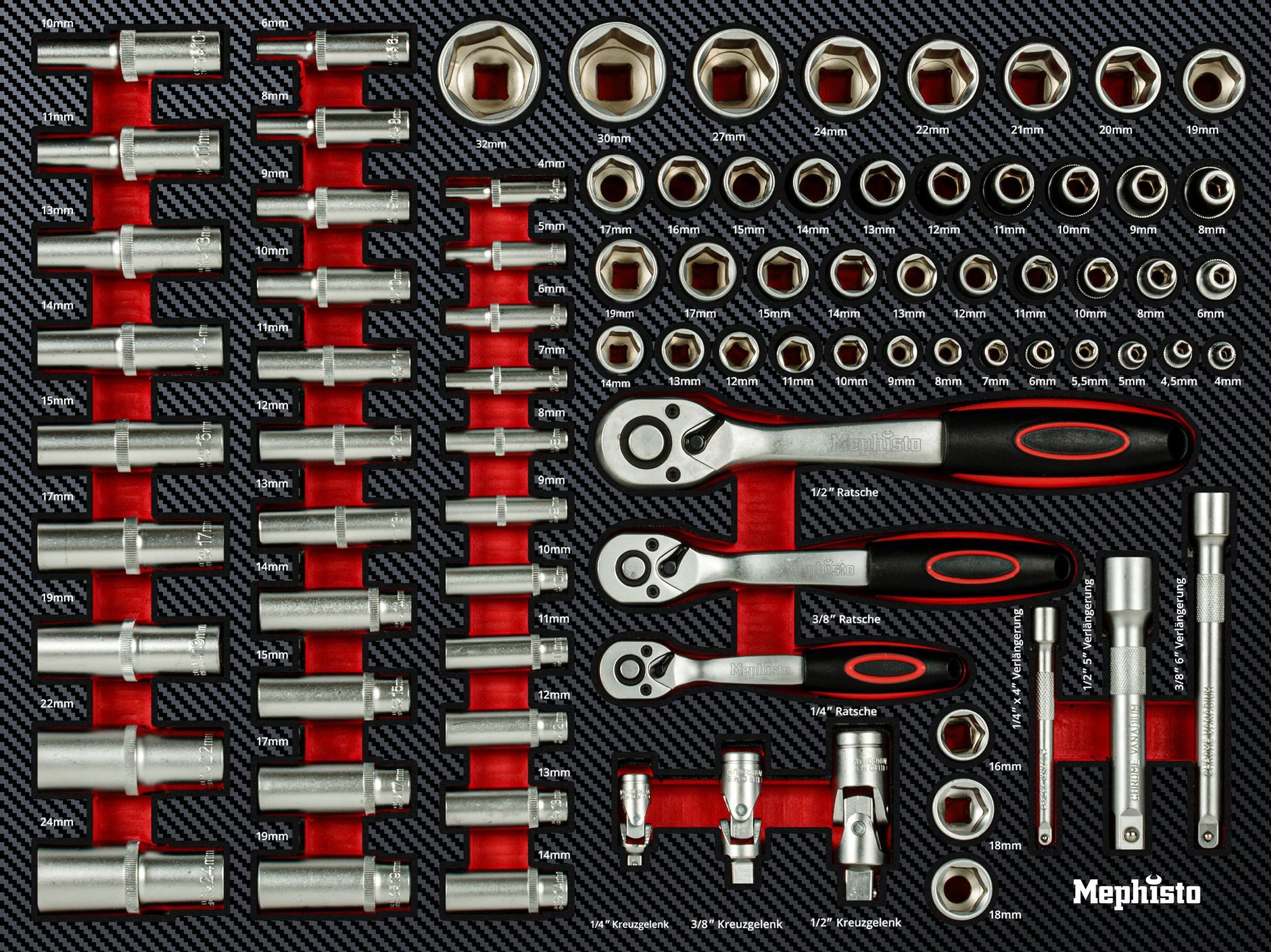 Mephisto-Tools Werkzeugset, (Set), metrisch, inkl. Soft Inlay in Carbon-Optik passend zu WZW 71011