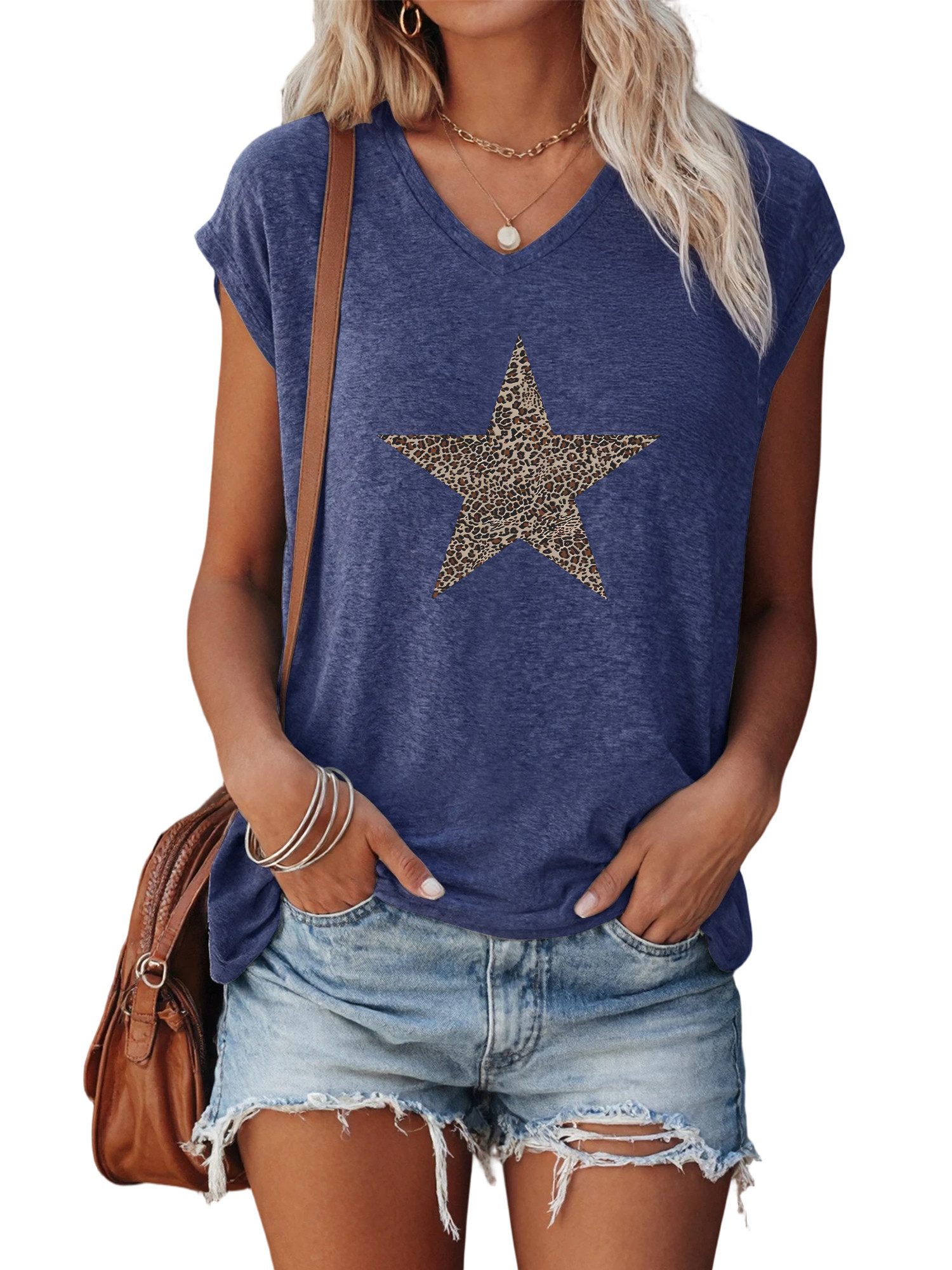 PYLIKE Tanktop Damen Casual Achselhemd mit Fünfzackiger Stern Druck Tanktop günstig online kaufen