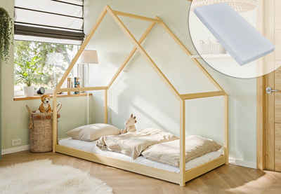 Kids Collective Hausbett Kinderbett 90x200 cm Bett mit Lattenrost Bed Kinder Jugendbett, Jugendbett, natur Kiefer Holz massiv Junge Mädchen mit Matratze