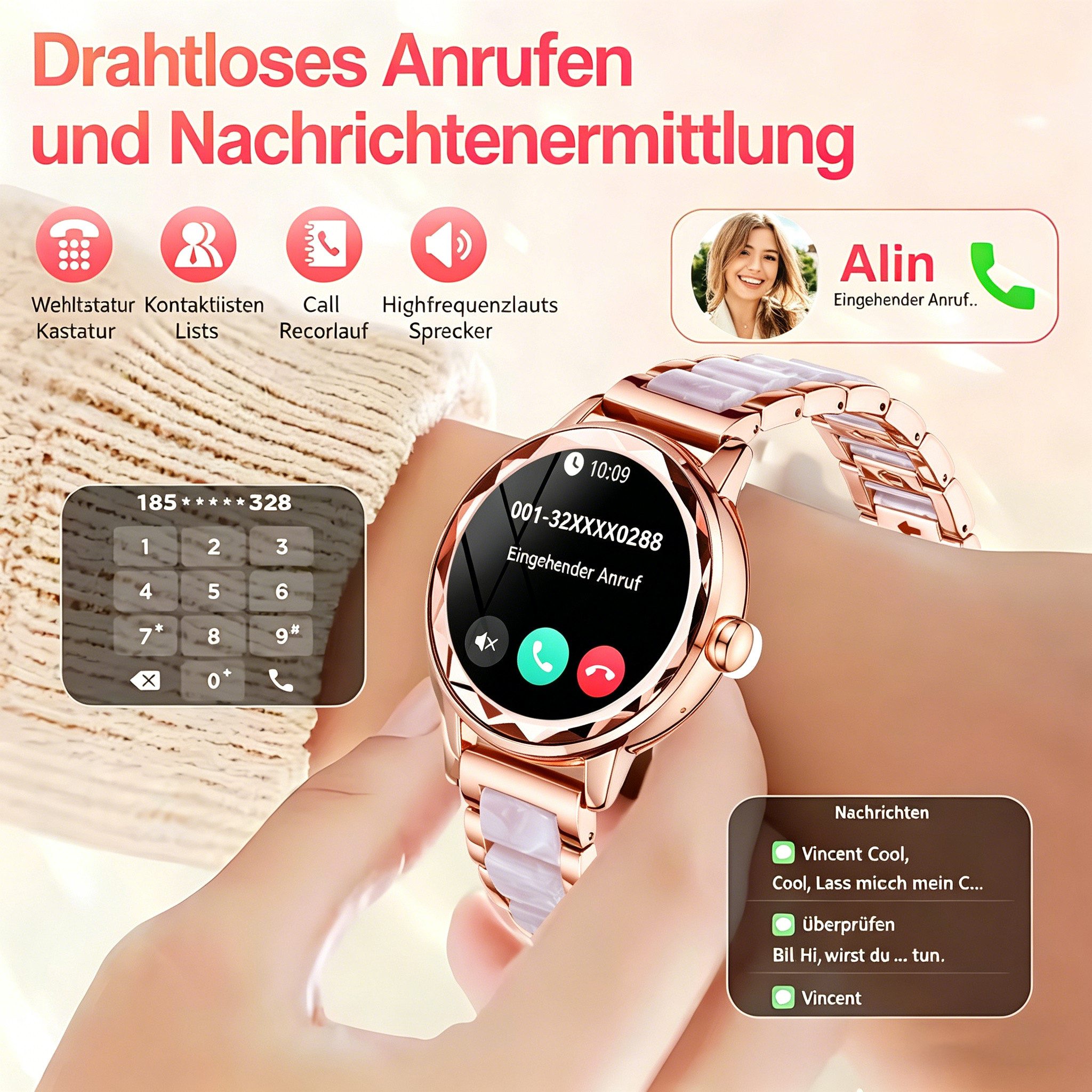 Vornix 2026 Neues Smartwatch Damen, Fitness Uhr mit Anruffunktion Smartwatch Smartwatch (Fitnessuhr mit Telefonfunktion/WhatsApp Notiz,Smartwatch Fitness Tracker Uhr IP68 Wasserdicht,1.2" HD Voll Touchscreen Fitnessuhr Tracker mit Blutsauerstoff/Pulsmesser/Sportuhr/Schrittzähler/Schlafmonitor Aktivitätstracker usw für iOS/Android Uhren Watch cm)