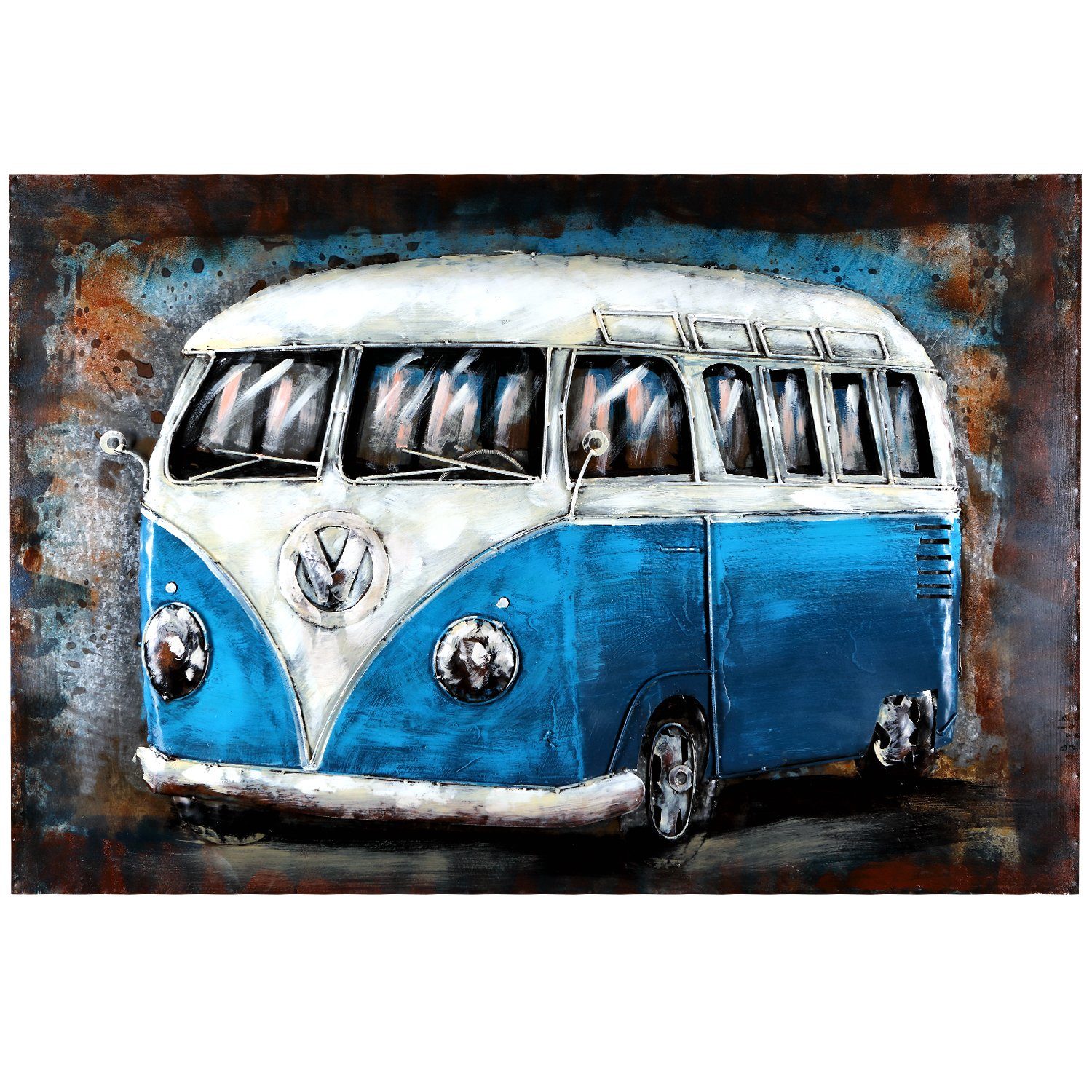 Home4Living Metallbild Wandbild 3D 120x80cm Metallbild Bild Relief handgefertigt, Bulli Blau, 3D Effekt