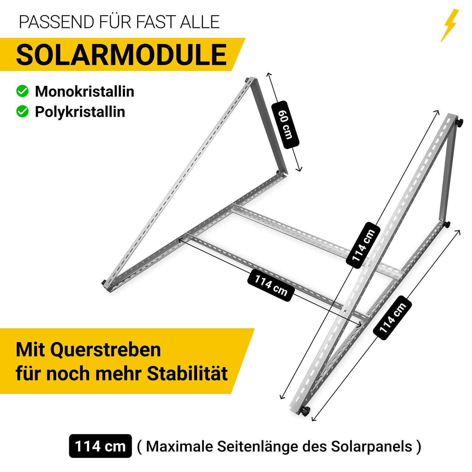 avoltik Solarmodul-Halterung Solarpanel Halterung Flachdach Montageset 114 cm - Alu 6005-T5, (Set, Set für 2 Solarmodule in Silber oder Schwarz, Korrosionsbeständig, stabile Ausführung)