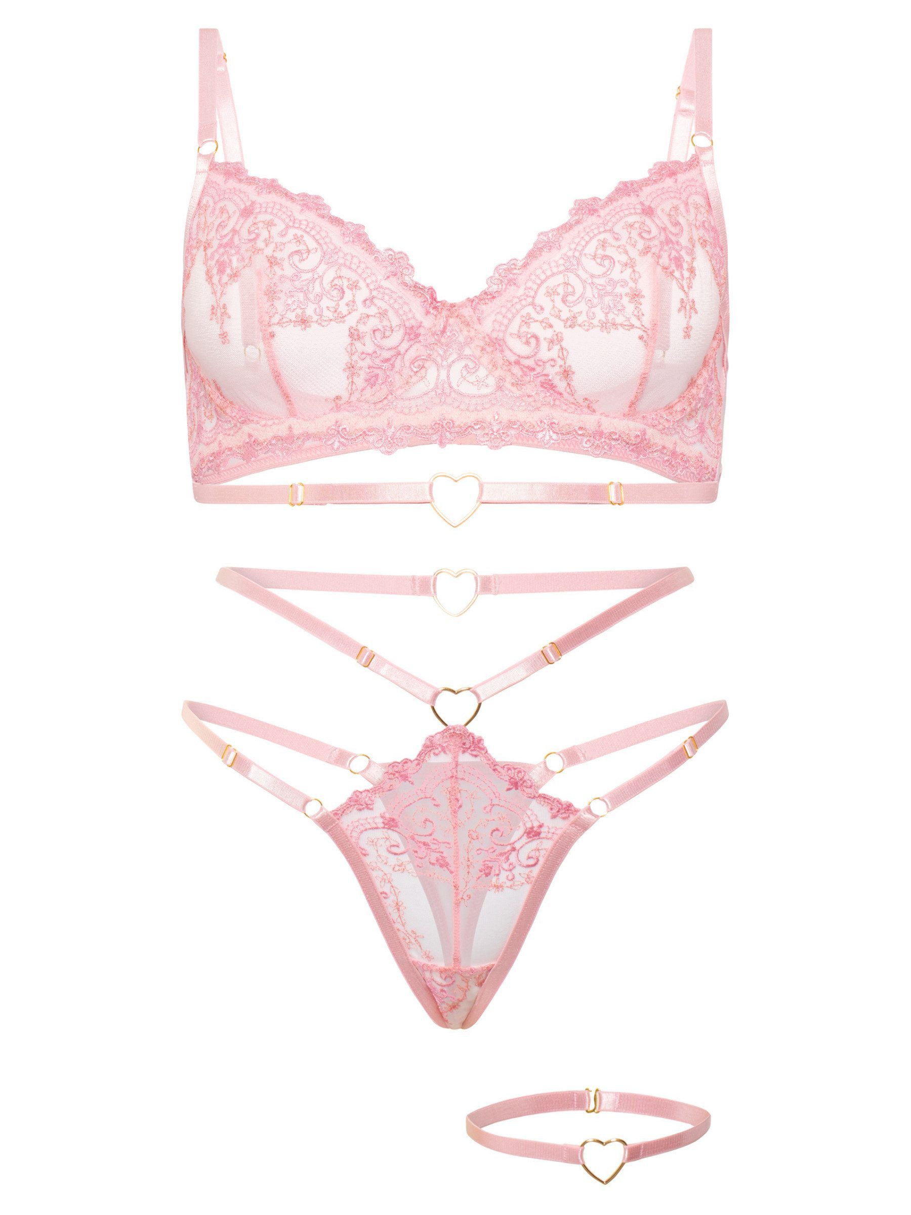 Elegant Love Set: Bügel-BH Sexy Dessous Set aus Spitze, bestickter BH und Tanga, Damenunterwäsche (Set, 3-tlg., inklusive Halsband mit Herzanhänger und String) elegantes Lingerie Set