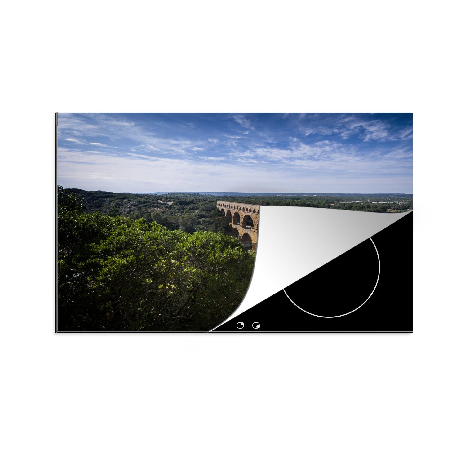 MuchoWow Herdblende-/Abdeckplatte Der Pont du Gard von einem Berg aus und eine sehr schöne grüne, Vinyl, (1 tlg), 81x52 cm, Induktionskochfeld Schutz für die küche, Ceranfeldabdeckung