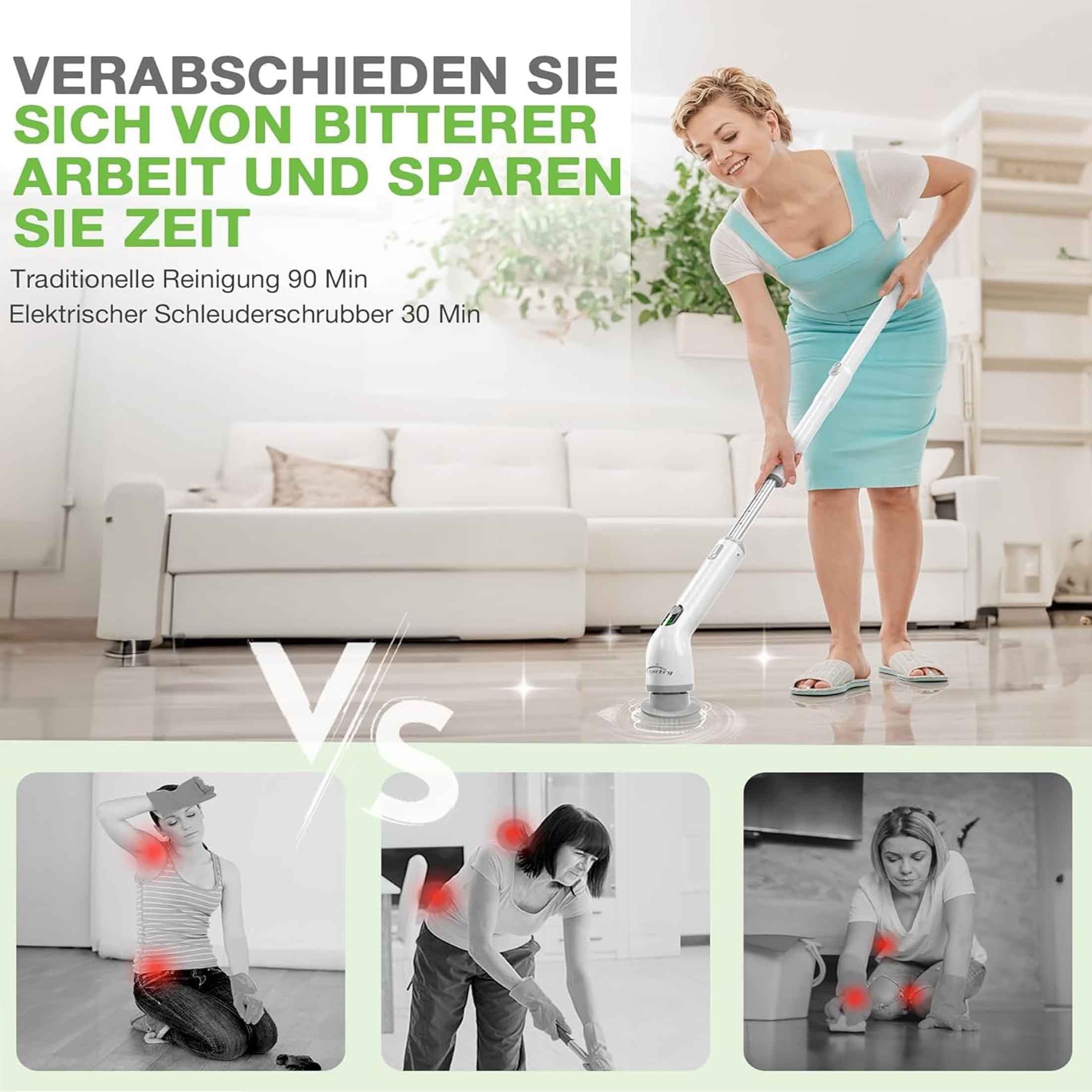 KINSI Elektro-Oberflächenbürste Elektrische Reinigungsbürste mit Teleskopstange und 6 Bürstenköpfen, Einziehbares Design, Zwei einstellbare Leistungsstufen