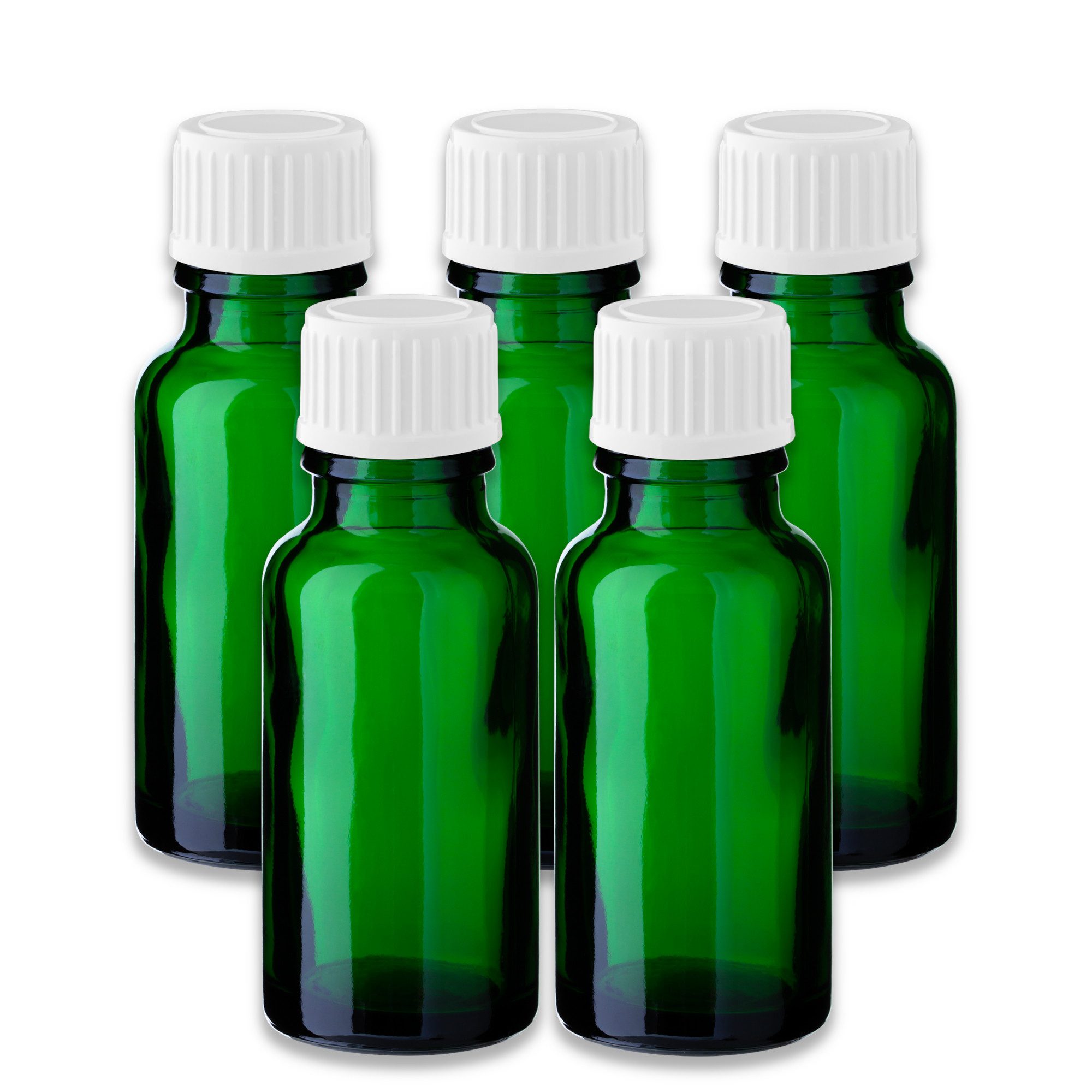 CK Verpackung GmbH Leerglas 5x Grüne Glasflasche 20 ml mit weißem PP-Schraubverschluss Nachfüllbar (Set x5)
