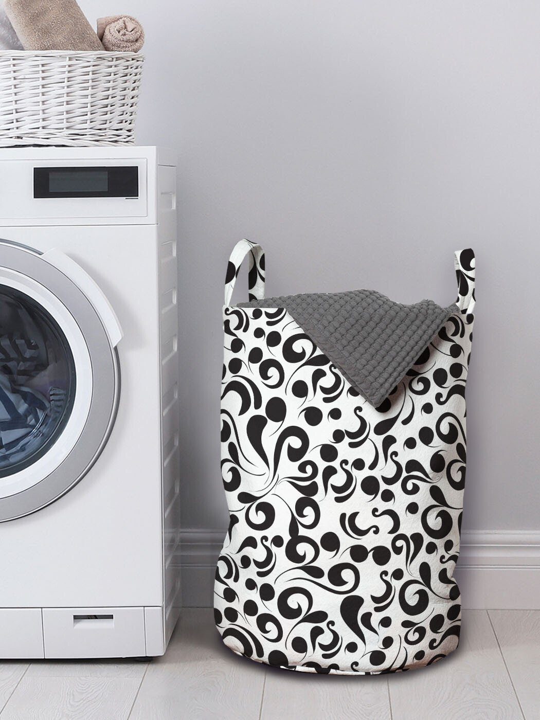Schwarz Wäschekorb und Waschsalons, weiß Wäschesäckchen Curly Blatt Kunst mit Kordelzugverschluss für Griffen Abakuhaus